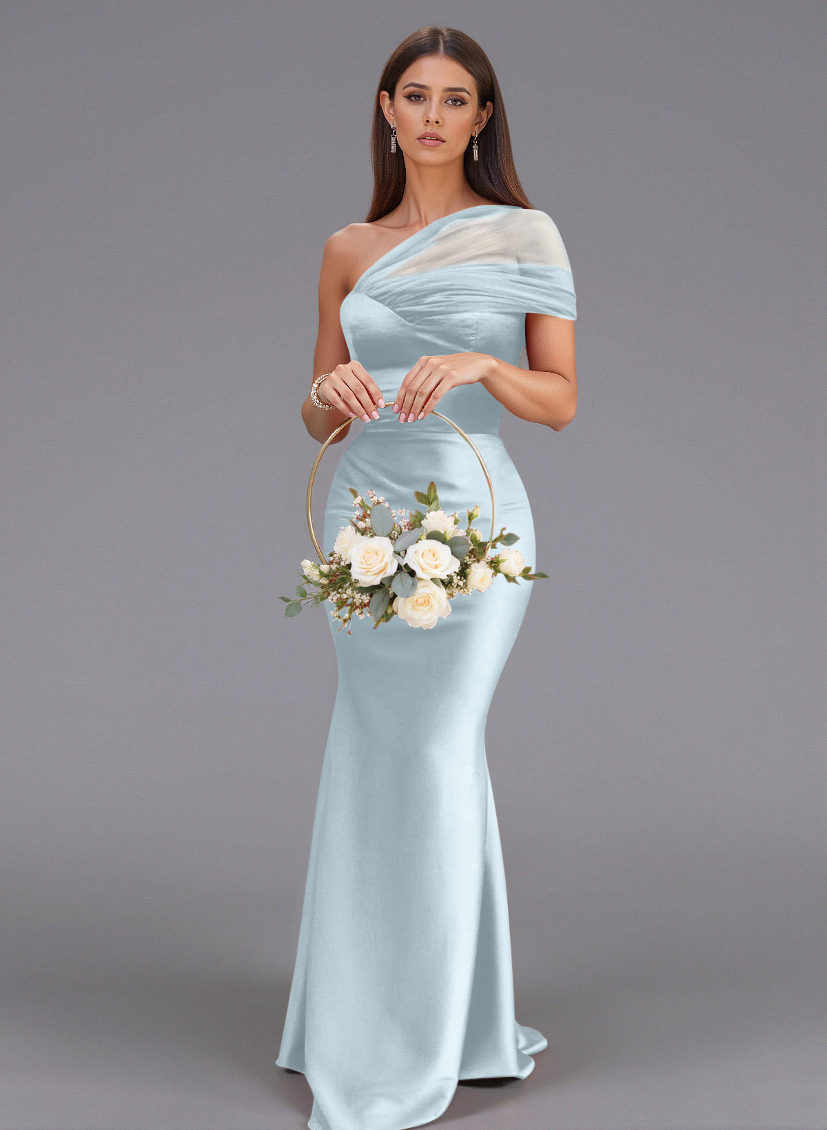 Elegant Tulle One-Shoulder Trumpet/Mermaid Floor-Length Satin Bridesmaid Dresses, product image 58