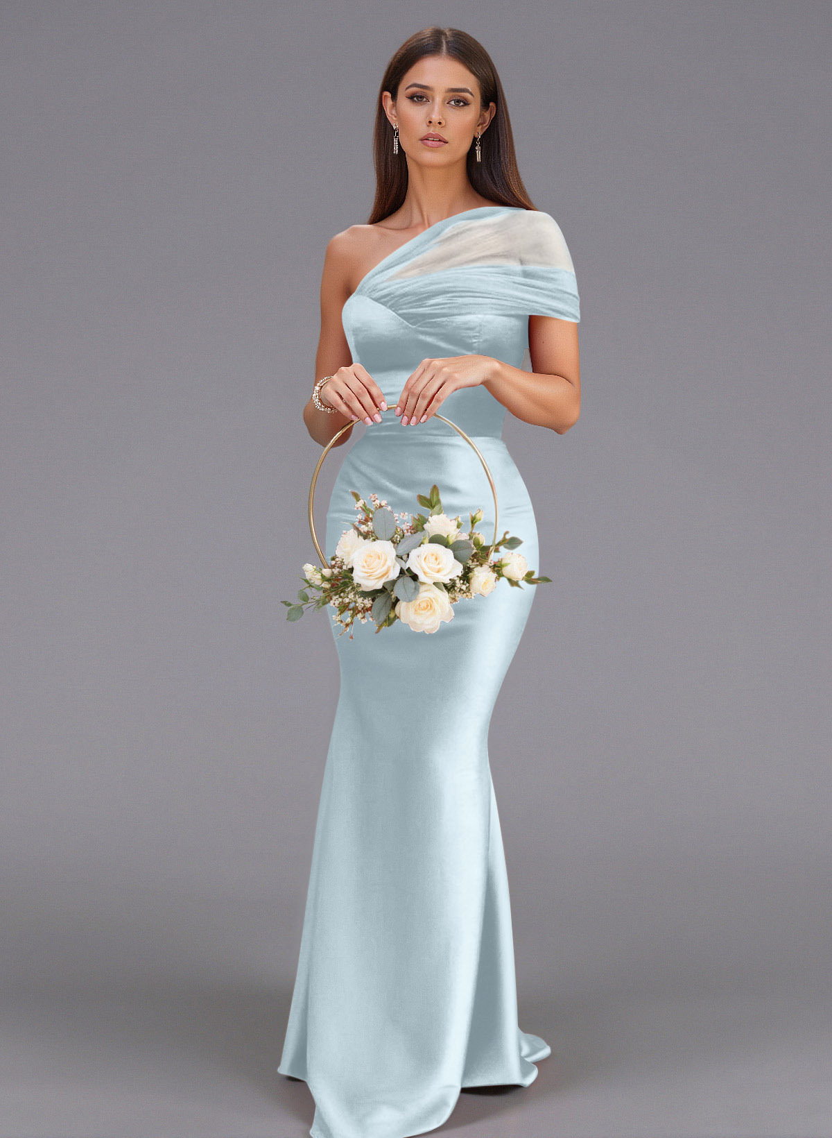 Elegant Tulle One-Shoulder Trumpet/Mermaid Floor-Length Satin Bridesmaid Dresses, product image 58