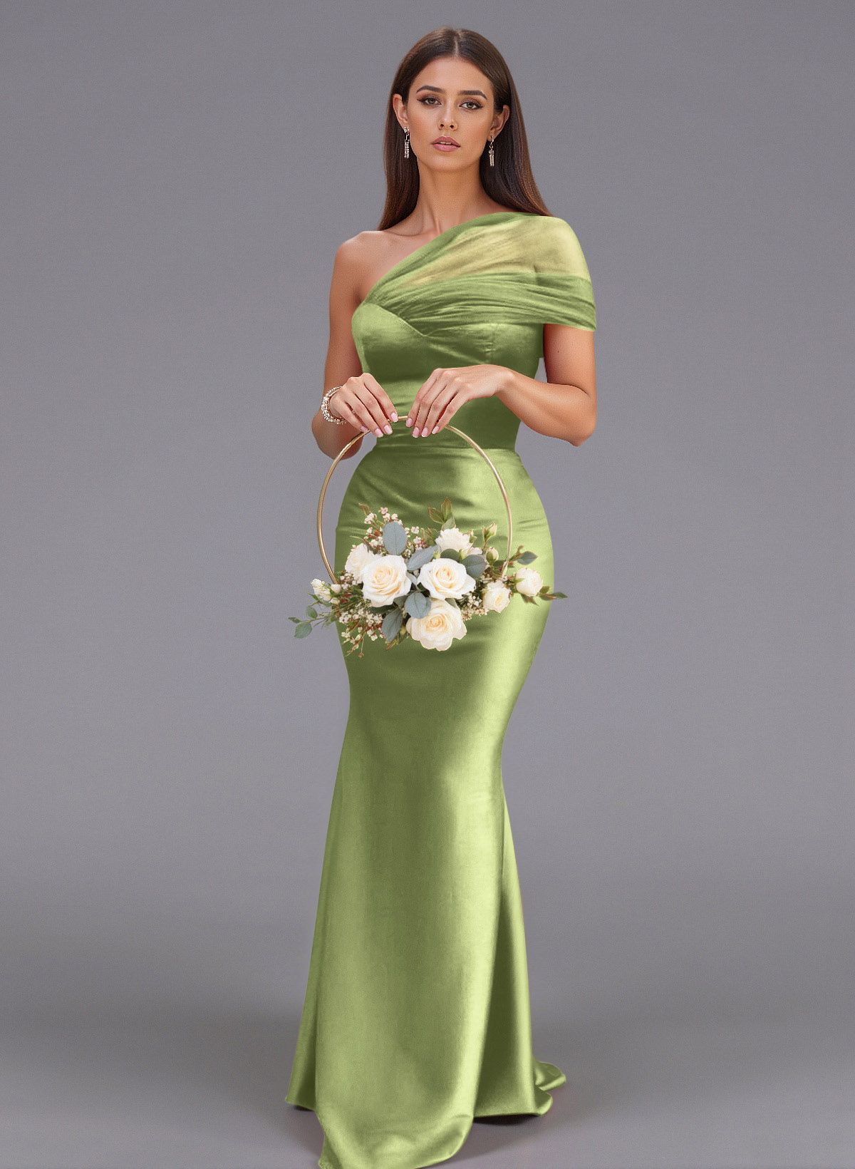 Elegant Tulle One-Shoulder Trumpet/Mermaid Floor-Length Satin Bridesmaid Dresses, product image 5