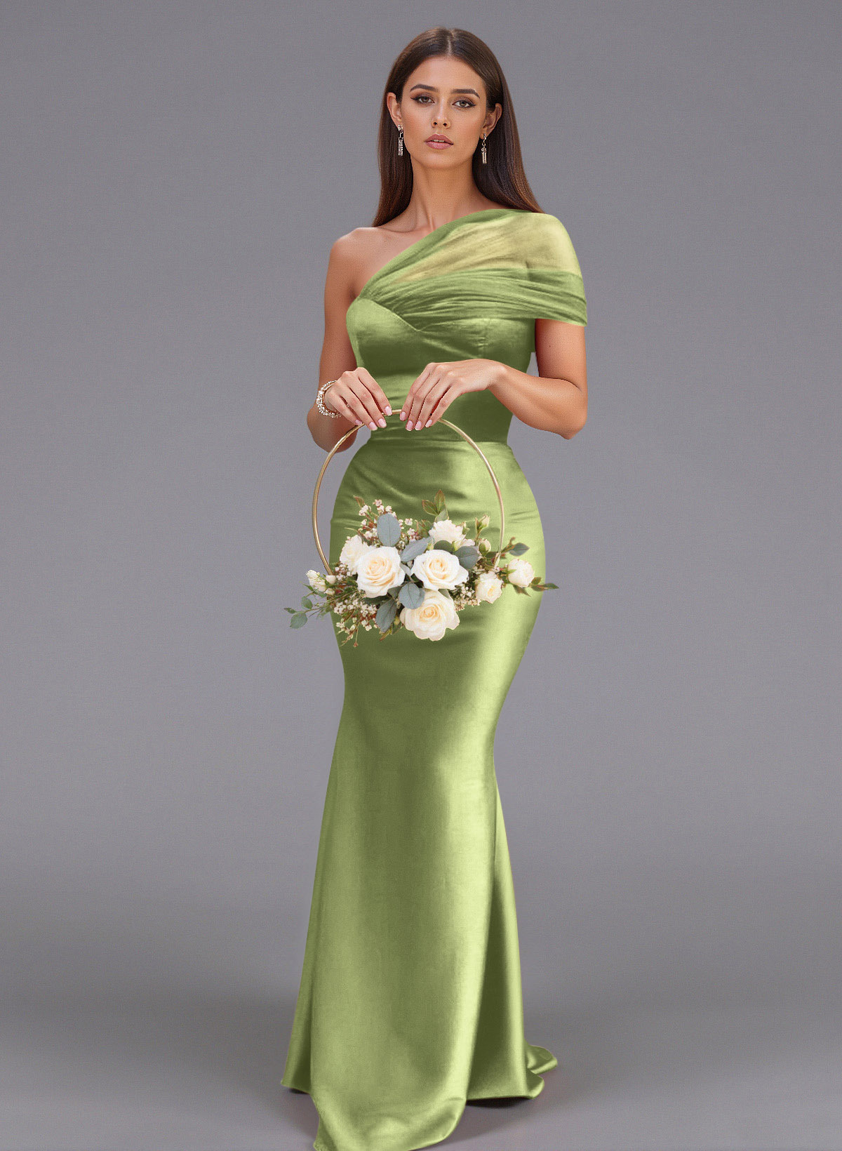 Elegant Tulle One-Shoulder Trumpet/Mermaid Floor-Length Satin Bridesmaid Dresses, product image 5