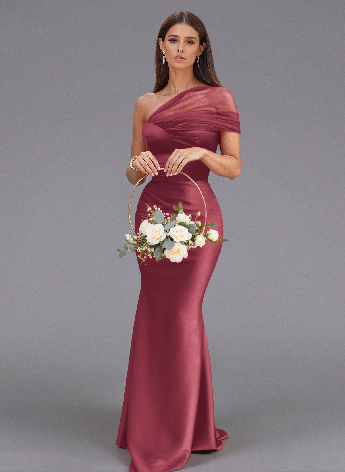 Elegant Tulle One-Shoulder Trumpet/Mermaid Floor-Length Satin Bridesmaid Dresses, product image 54