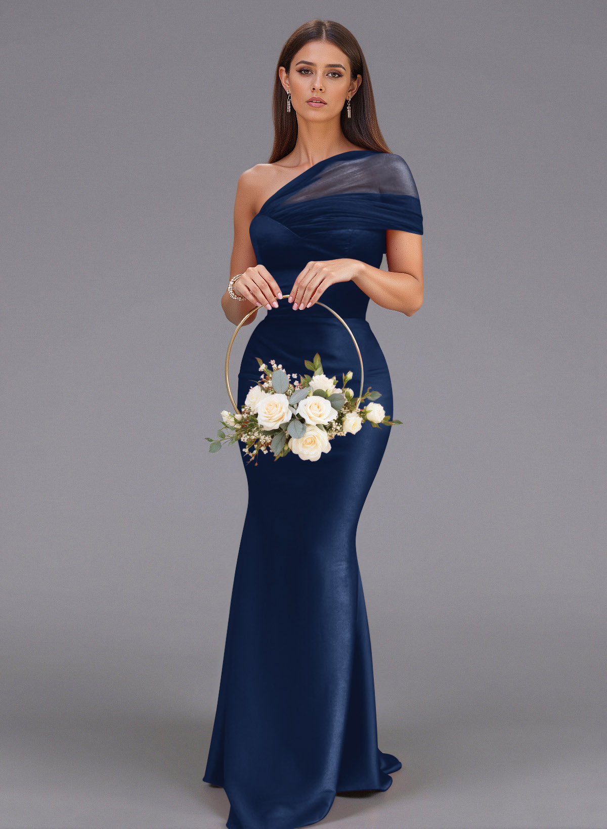 Elegant Tulle One-Shoulder Trumpet/Mermaid Floor-Length Satin Bridesmaid Dresses, product image 68