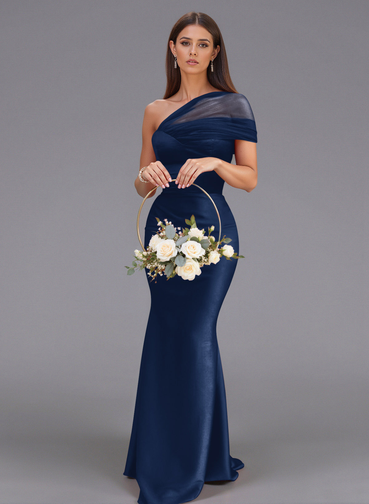 Elegant Tulle One-Shoulder Trumpet/Mermaid Floor-Length Satin Bridesmaid Dresses, product image 68