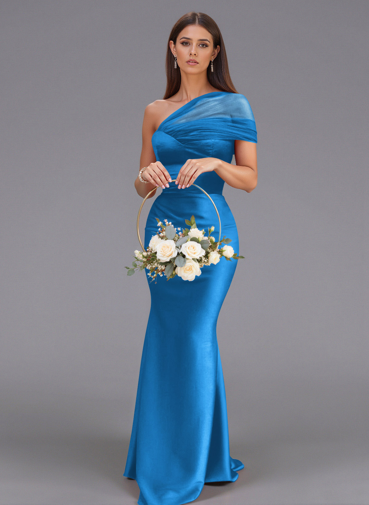 Elegant Tulle One-Shoulder Trumpet/Mermaid Floor-Length Satin Bridesmaid Dresses, product image 62