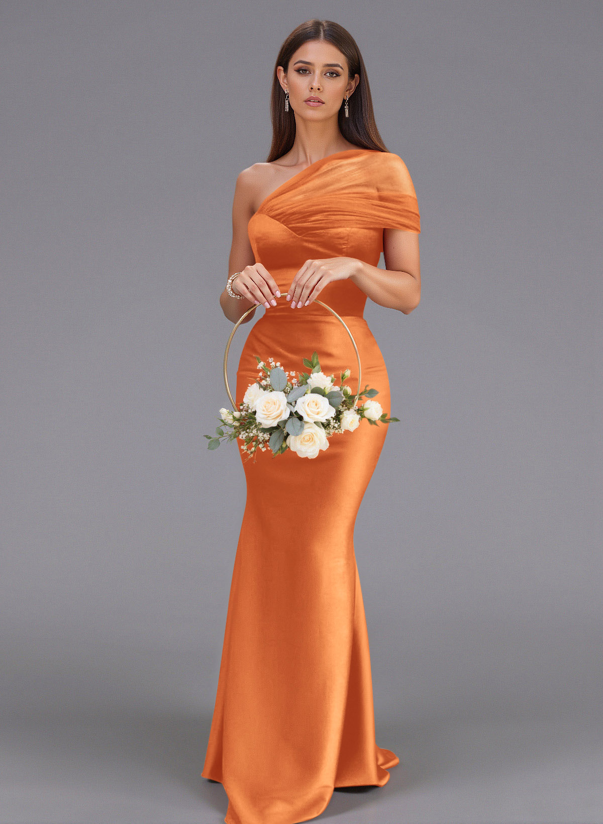 Elegant Tulle One-Shoulder Trumpet/Mermaid Floor-Length Satin Bridesmaid Dresses, product image 20