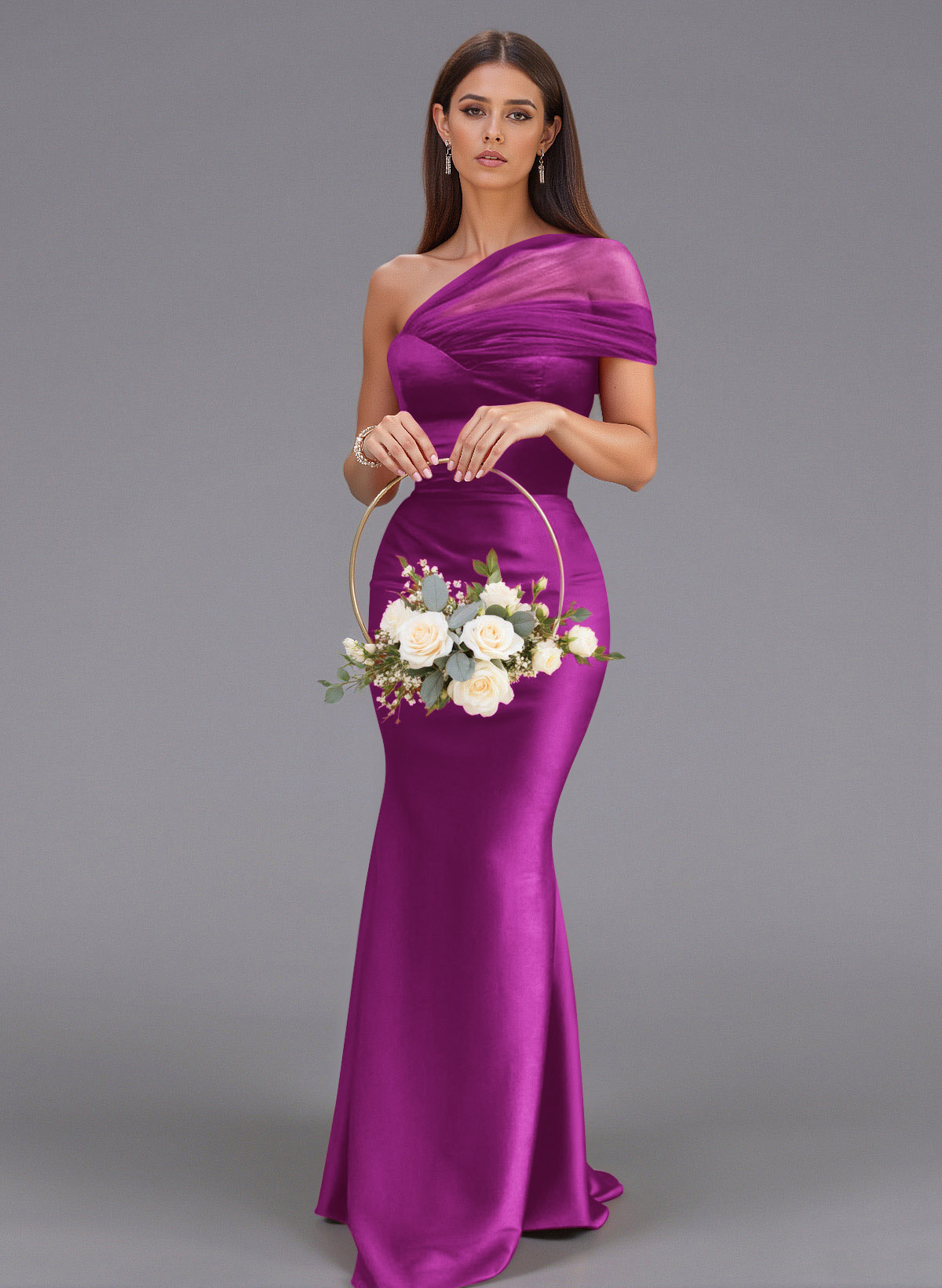 Elegant Tulle One-Shoulder Trumpet/Mermaid Floor-Length Satin Bridesmaid Dresses, product image 35