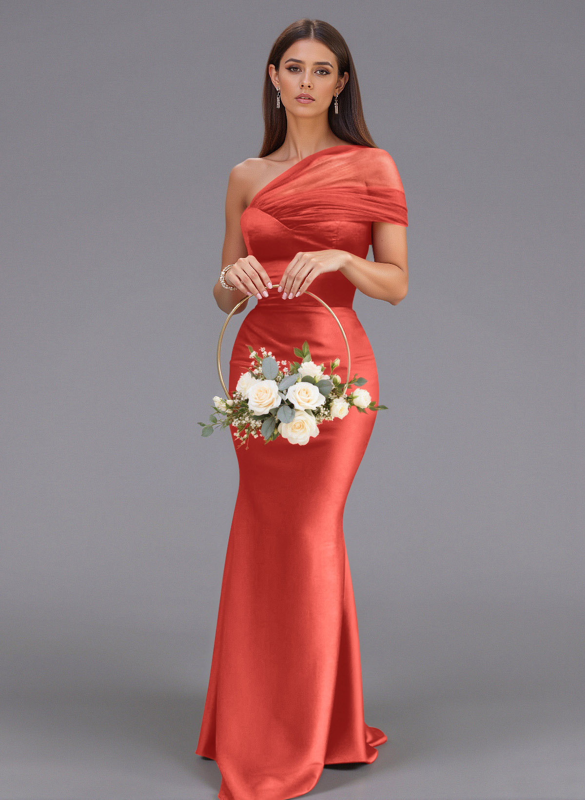 Elegant Tulle One-Shoulder Trumpet/Mermaid Floor-Length Satin Bridesmaid Dresses, product image 19