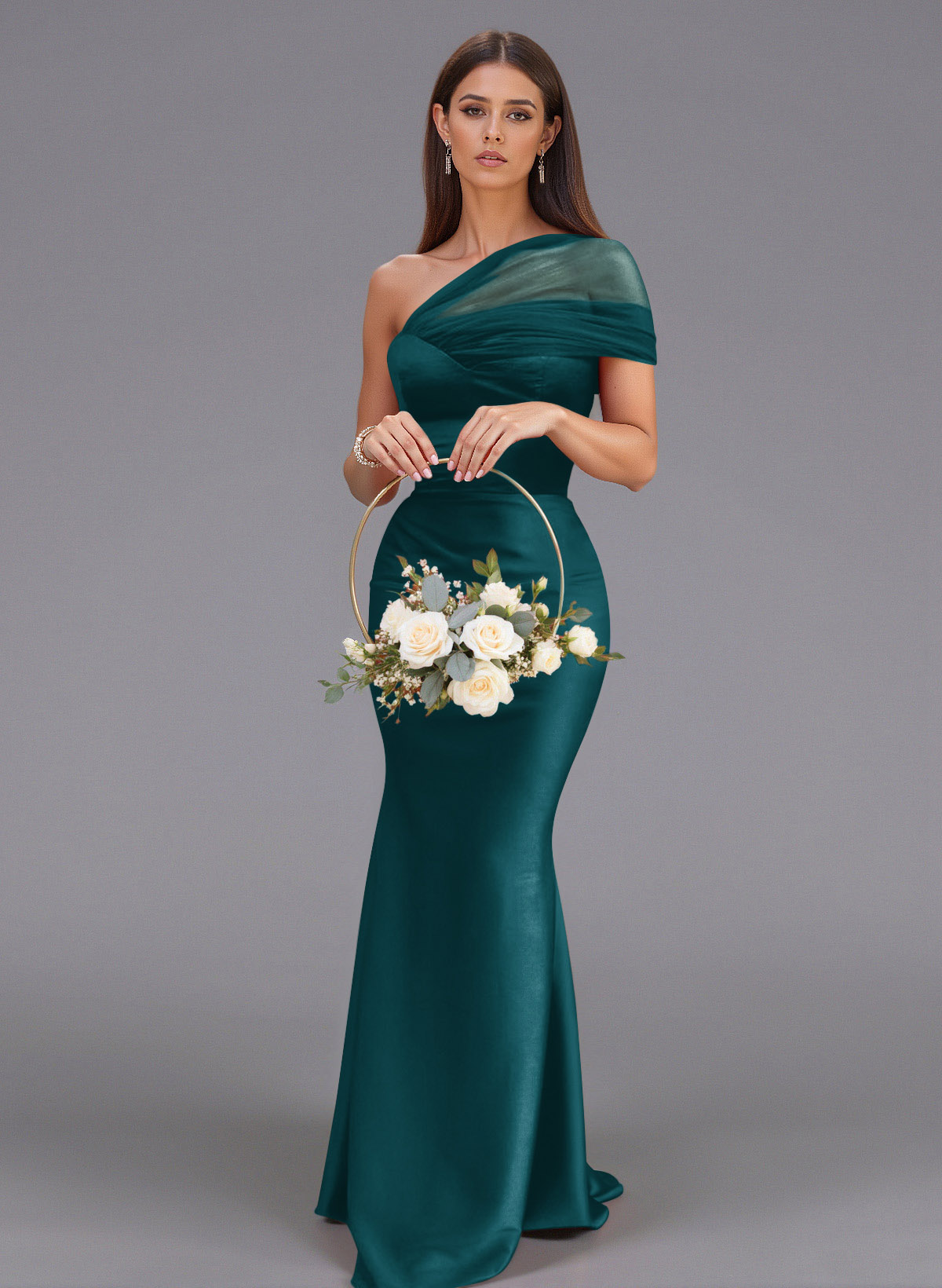 Elegant Tulle One-Shoulder Trumpet/Mermaid Floor-Length Satin Bridesmaid Dresses, product image 30