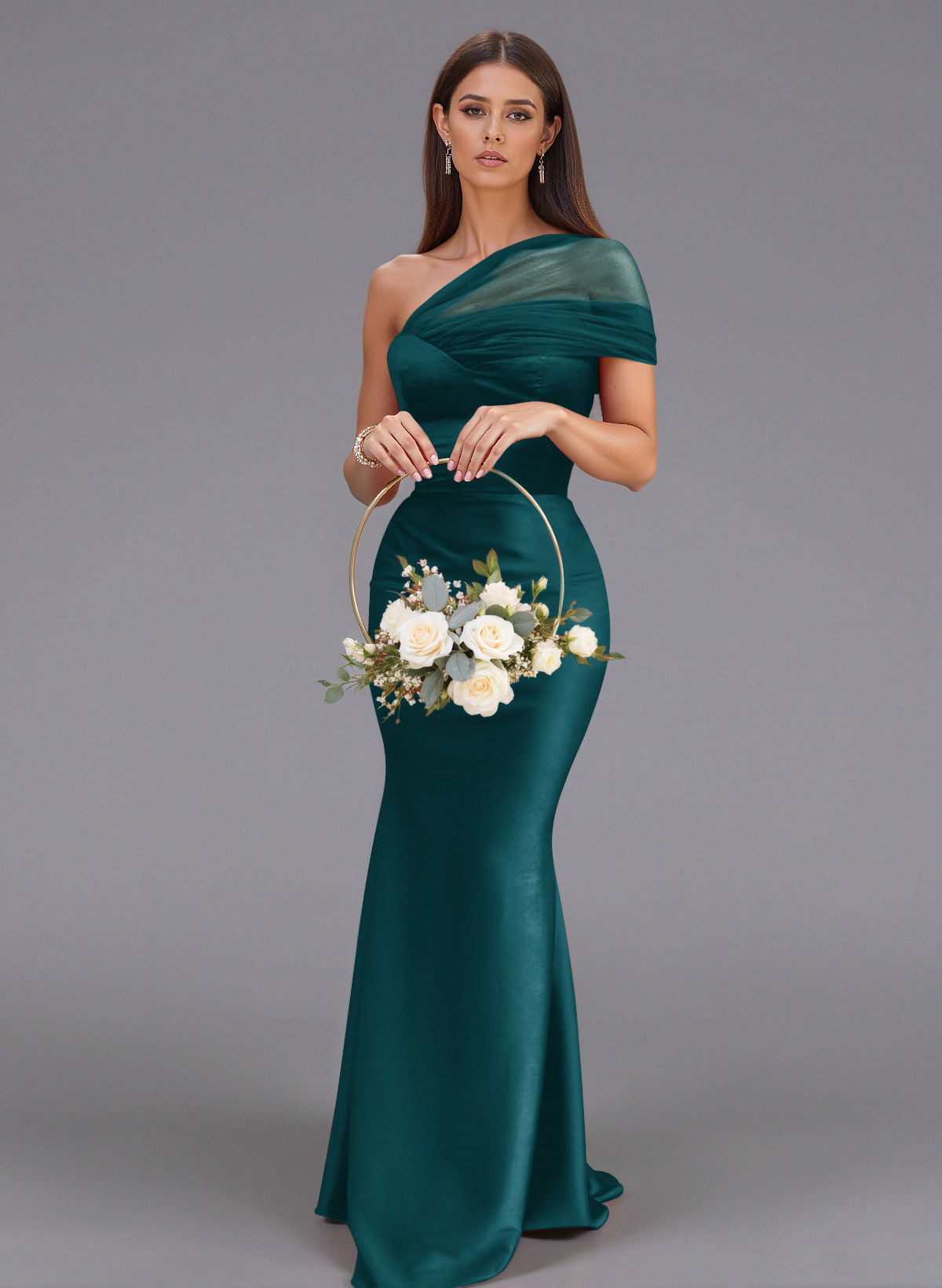 Elegant Tulle One-Shoulder Trumpet/Mermaid Floor-Length Satin Bridesmaid Dresses, product image 30