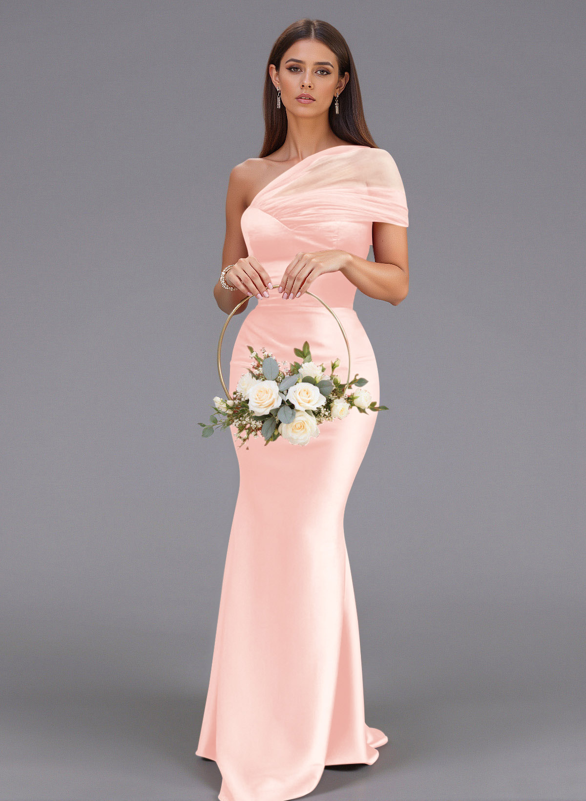 Elegant Tulle One-Shoulder Trumpet/Mermaid Floor-Length Satin Bridesmaid Dresses, product image 49