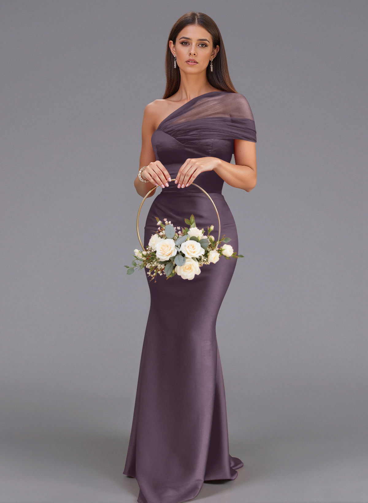 Elegant Tulle One-Shoulder Trumpet/Mermaid Floor-Length Satin Bridesmaid Dresses, product image 11