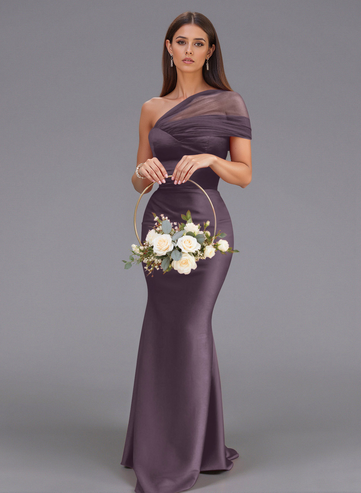 Elegant Tulle One-Shoulder Trumpet/Mermaid Floor-Length Satin Bridesmaid Dresses, product image 11