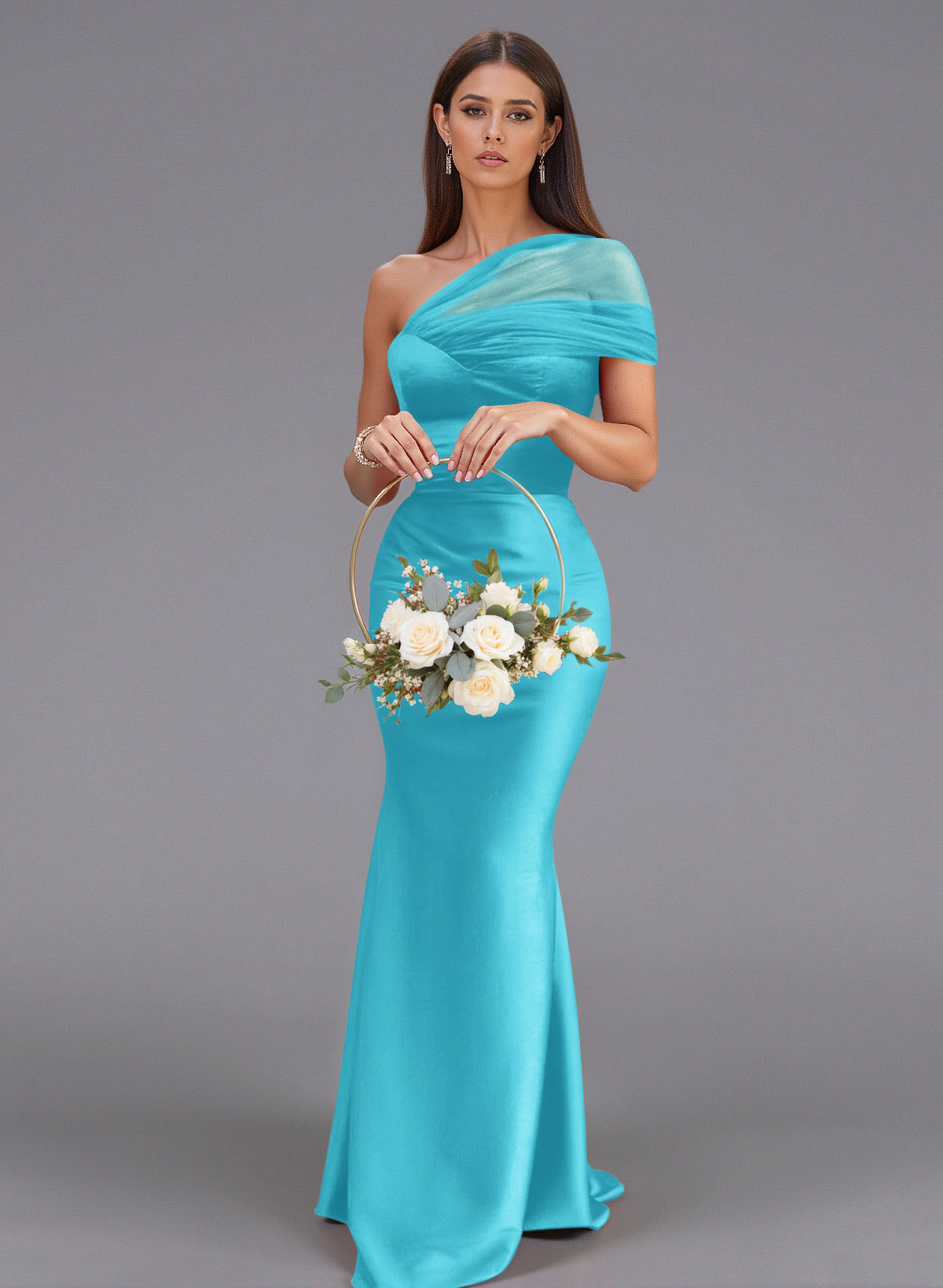Elegant Tulle One-Shoulder Trumpet/Mermaid Floor-Length Satin Bridesmaid Dresses, product image 61