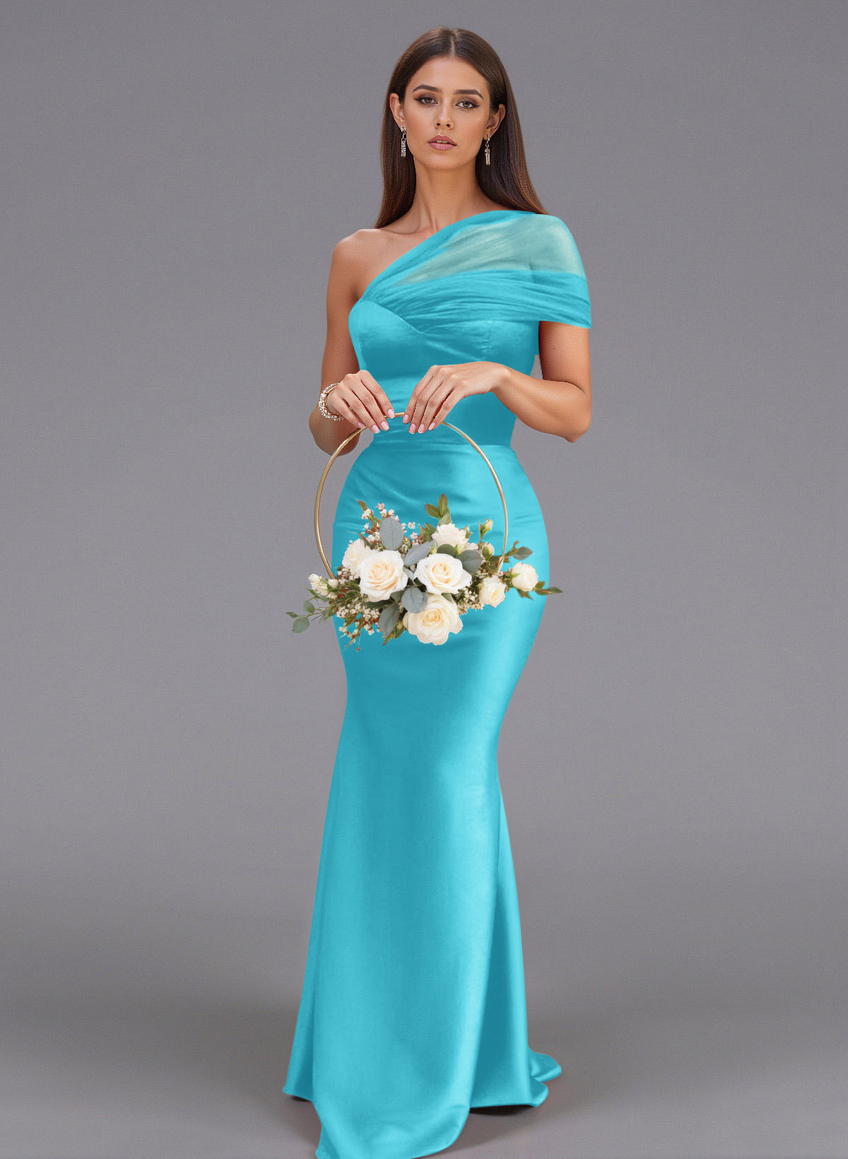 Elegant Tulle One-Shoulder Trumpet/Mermaid Floor-Length Satin Bridesmaid Dresses, product image 61