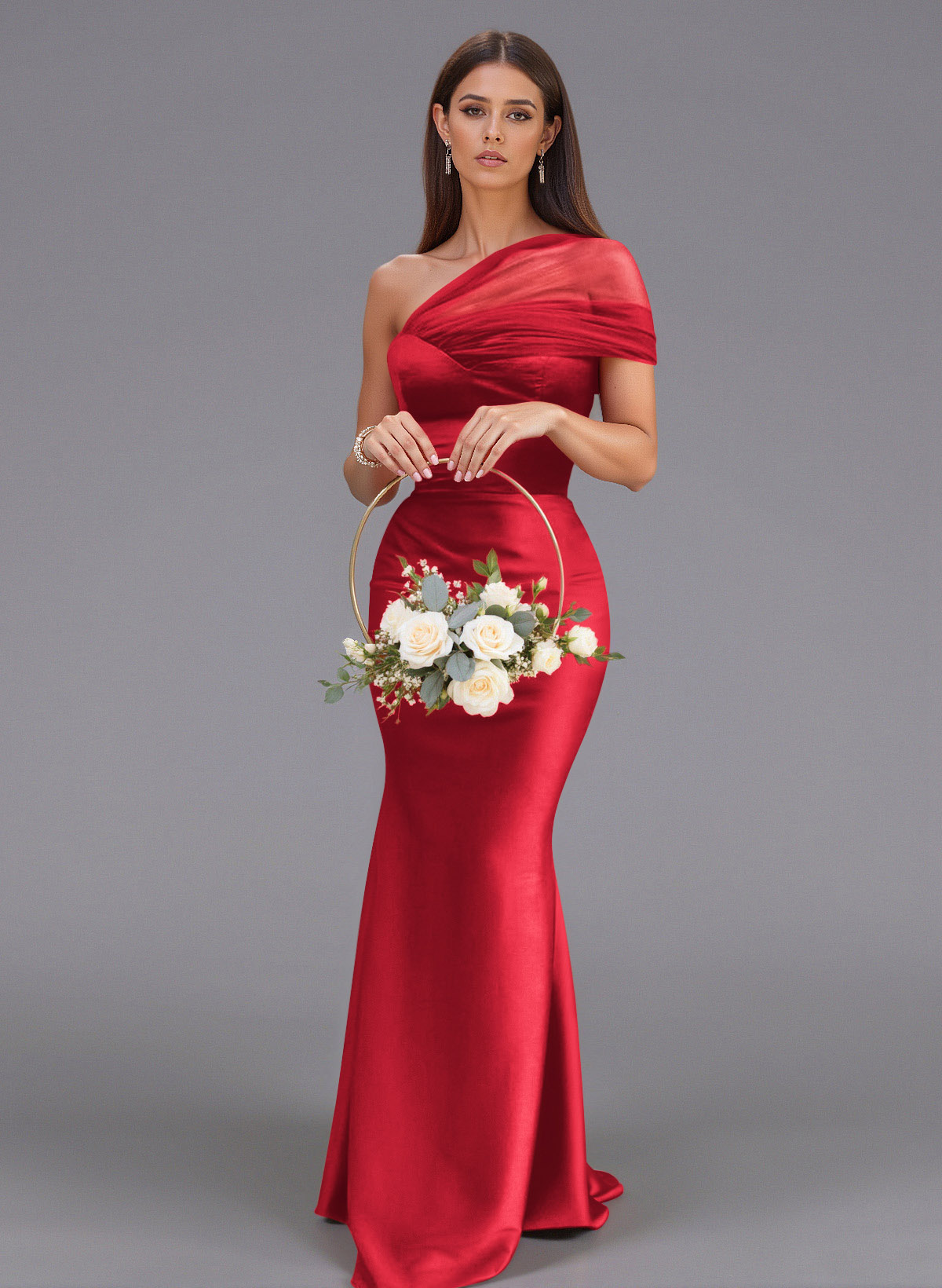 Elegant Tulle One-Shoulder Trumpet/Mermaid Floor-Length Satin Bridesmaid Dresses, product image 53