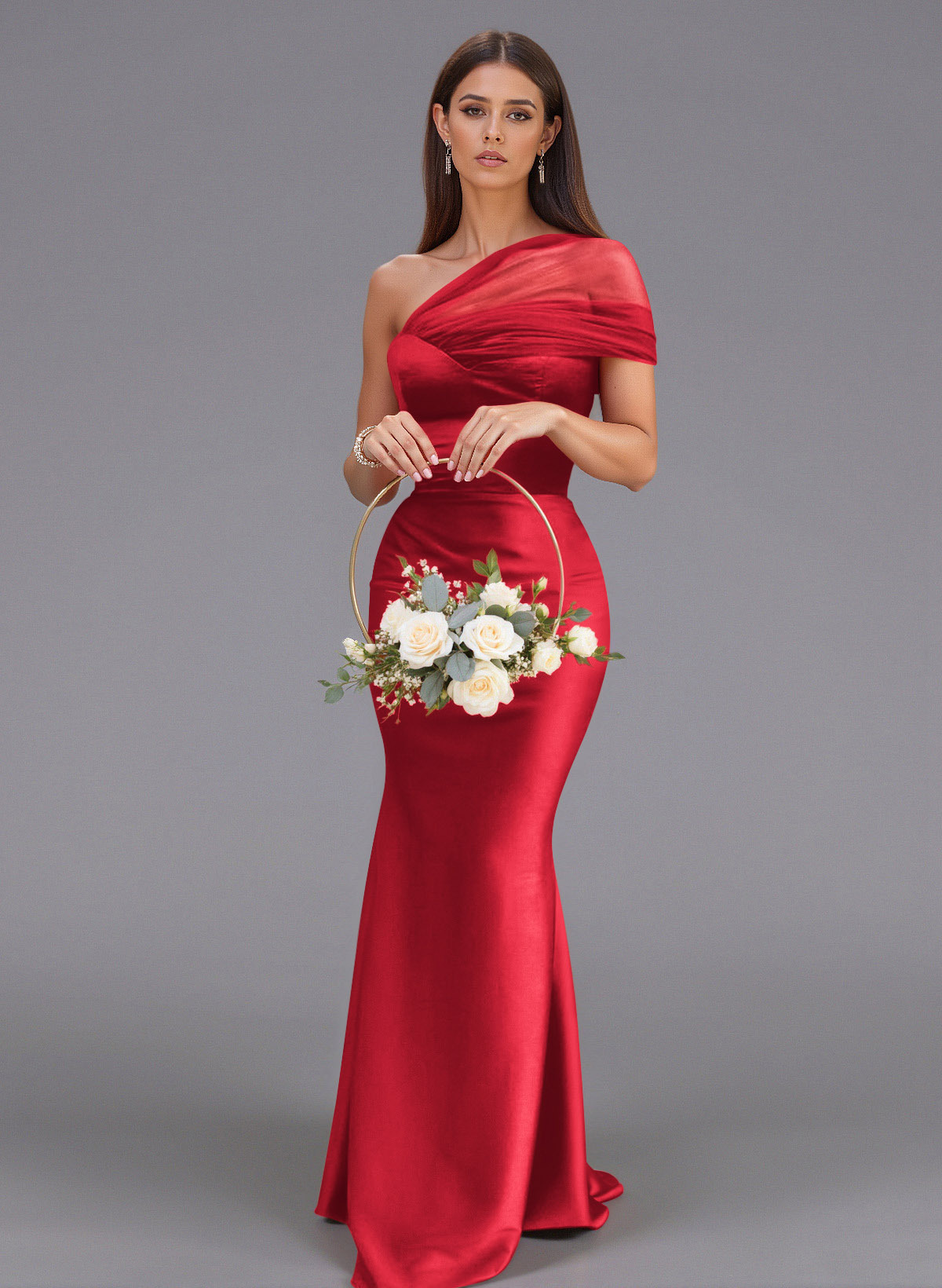 Elegant Tulle One-Shoulder Trumpet/Mermaid Floor-Length Satin Bridesmaid Dresses, product image 53
