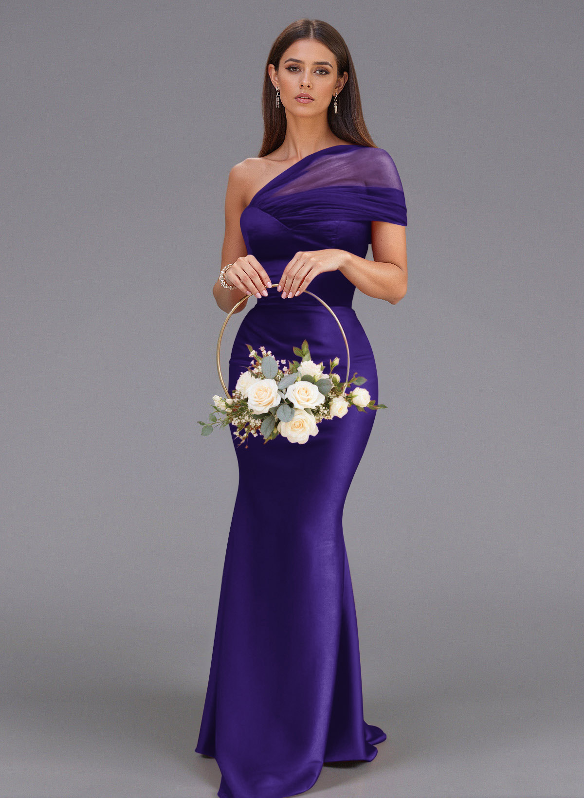 Elegant Tulle One-Shoulder Trumpet/Mermaid Floor-Length Satin Bridesmaid Dresses, product image 33
