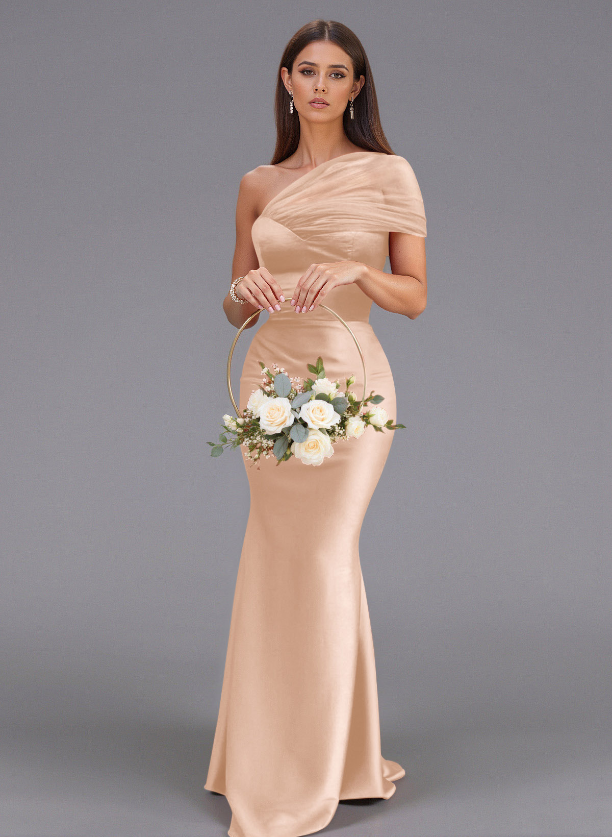 Elegant Tulle One-Shoulder Trumpet/Mermaid Floor-Length Satin Bridesmaid Dresses, product image 7