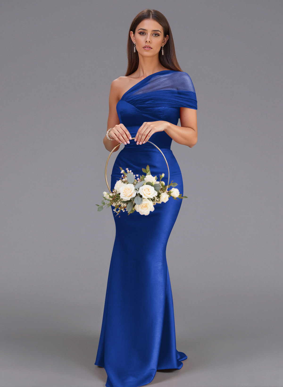Elegant Tulle One-Shoulder Trumpet/Mermaid Floor-Length Satin Bridesmaid Dresses, product image 63