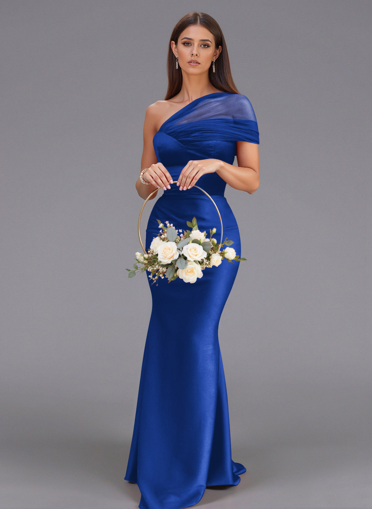 Elegant Tulle One-Shoulder Trumpet/Mermaid Floor-Length Satin Bridesmaid Dresses, product image 63