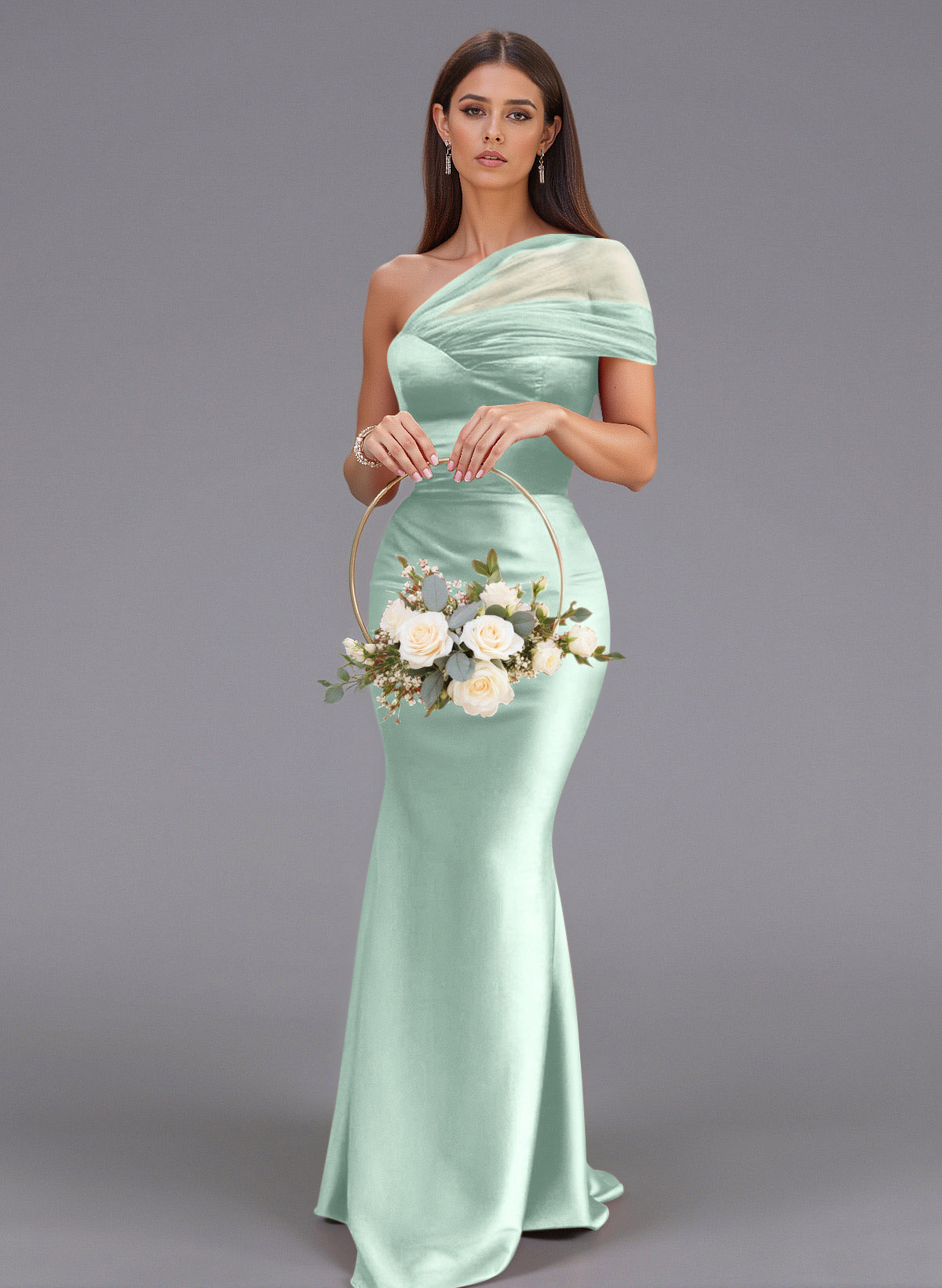 Elegant Tulle One-Shoulder Trumpet/Mermaid Floor-Length Satin Bridesmaid Dresses, product image 27