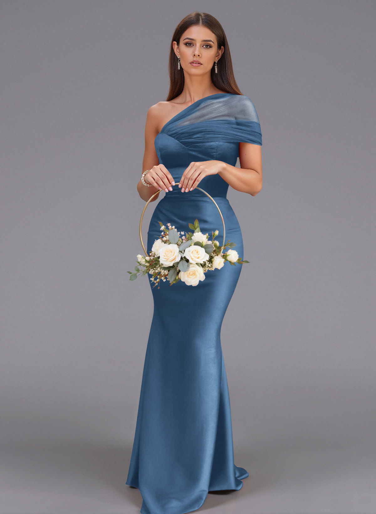Elegant Tulle One-Shoulder Trumpet/Mermaid Floor-Length Satin Bridesmaid Dresses, product image 66