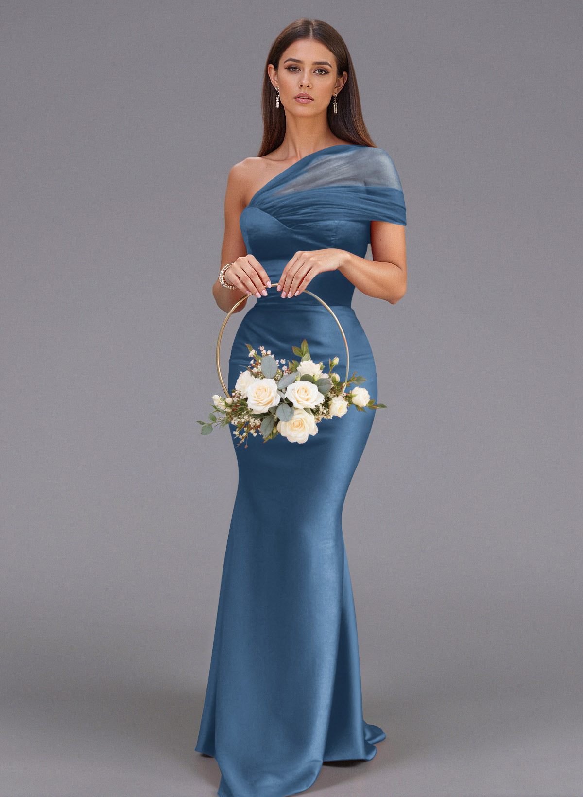 Elegant Tulle One-Shoulder Trumpet/Mermaid Floor-Length Satin Bridesmaid Dresses, product image 66
