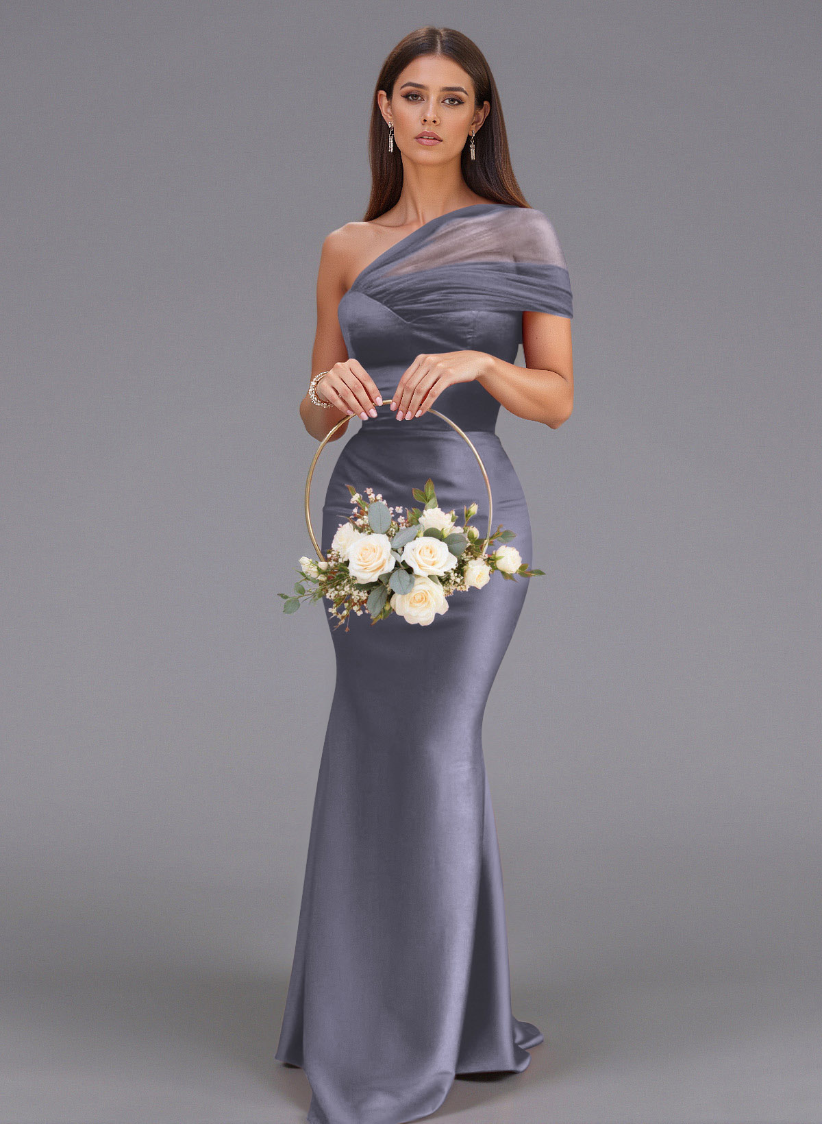 Elegant Tulle One-Shoulder Trumpet/Mermaid Floor-Length Satin Bridesmaid Dresses, product image 65
