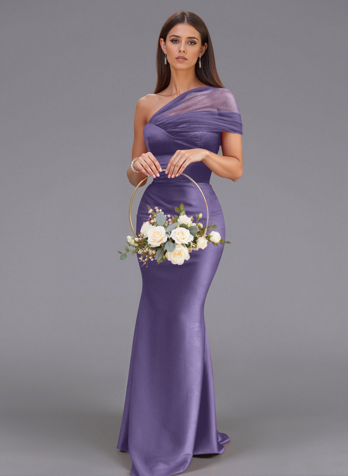 Elegant Tulle One-Shoulder Trumpet/Mermaid Floor-Length Satin Bridesmaid Dresses, product image 37