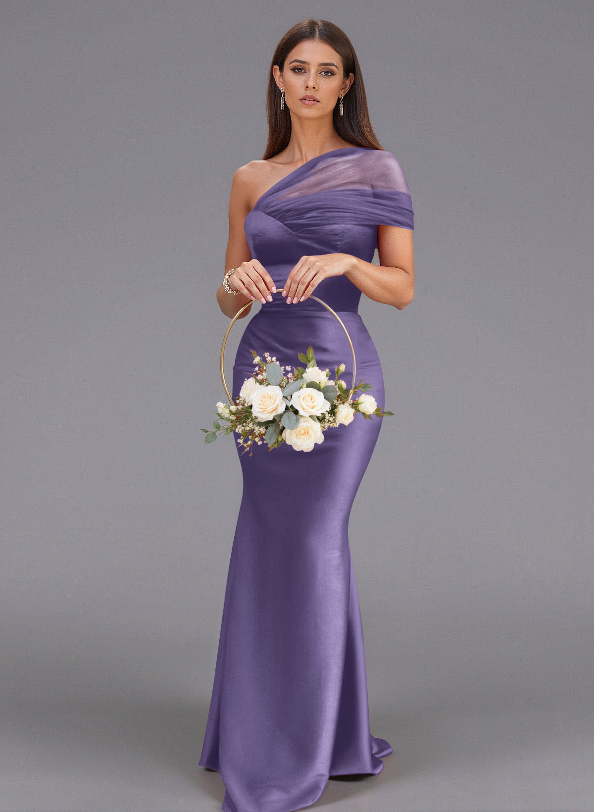 Elegant Tulle One-Shoulder Trumpet/Mermaid Floor-Length Satin Bridesmaid Dresses, product image 37