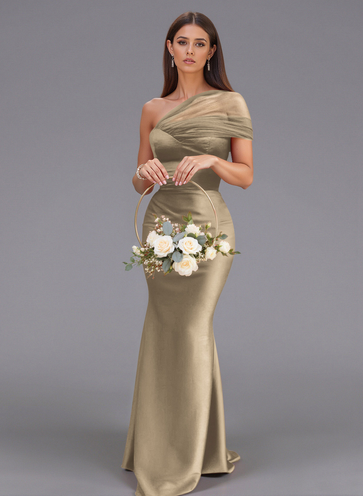 Elegant Tulle One-Shoulder Trumpet/Mermaid Floor-Length Satin Bridesmaid Dresses, product image 23