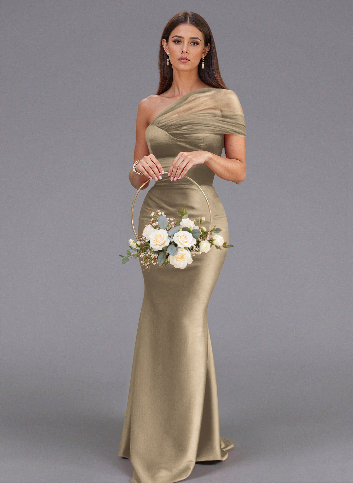 Elegant Tulle One-Shoulder Trumpet/Mermaid Floor-Length Satin Bridesmaid Dresses, product image 23
