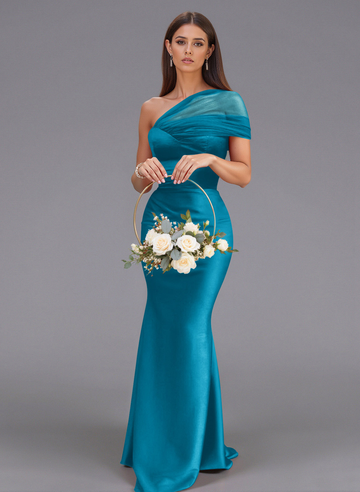 Elegant Tulle One-Shoulder Trumpet/Mermaid Floor-Length Satin Bridesmaid Dresses, product image 3