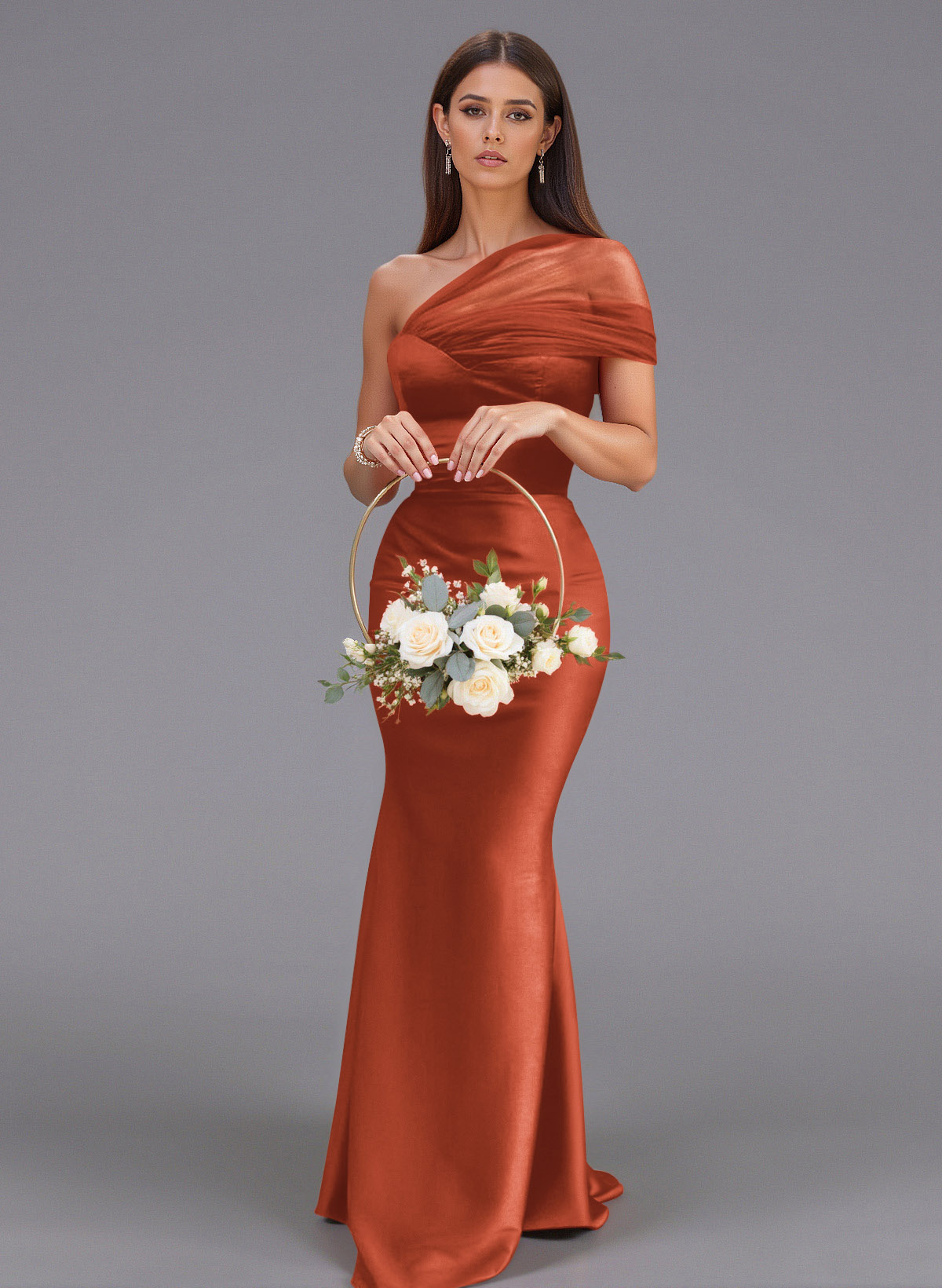 Elegant Tulle One-Shoulder Trumpet/Mermaid Floor-Length Satin Bridesmaid Dresses, product image 4