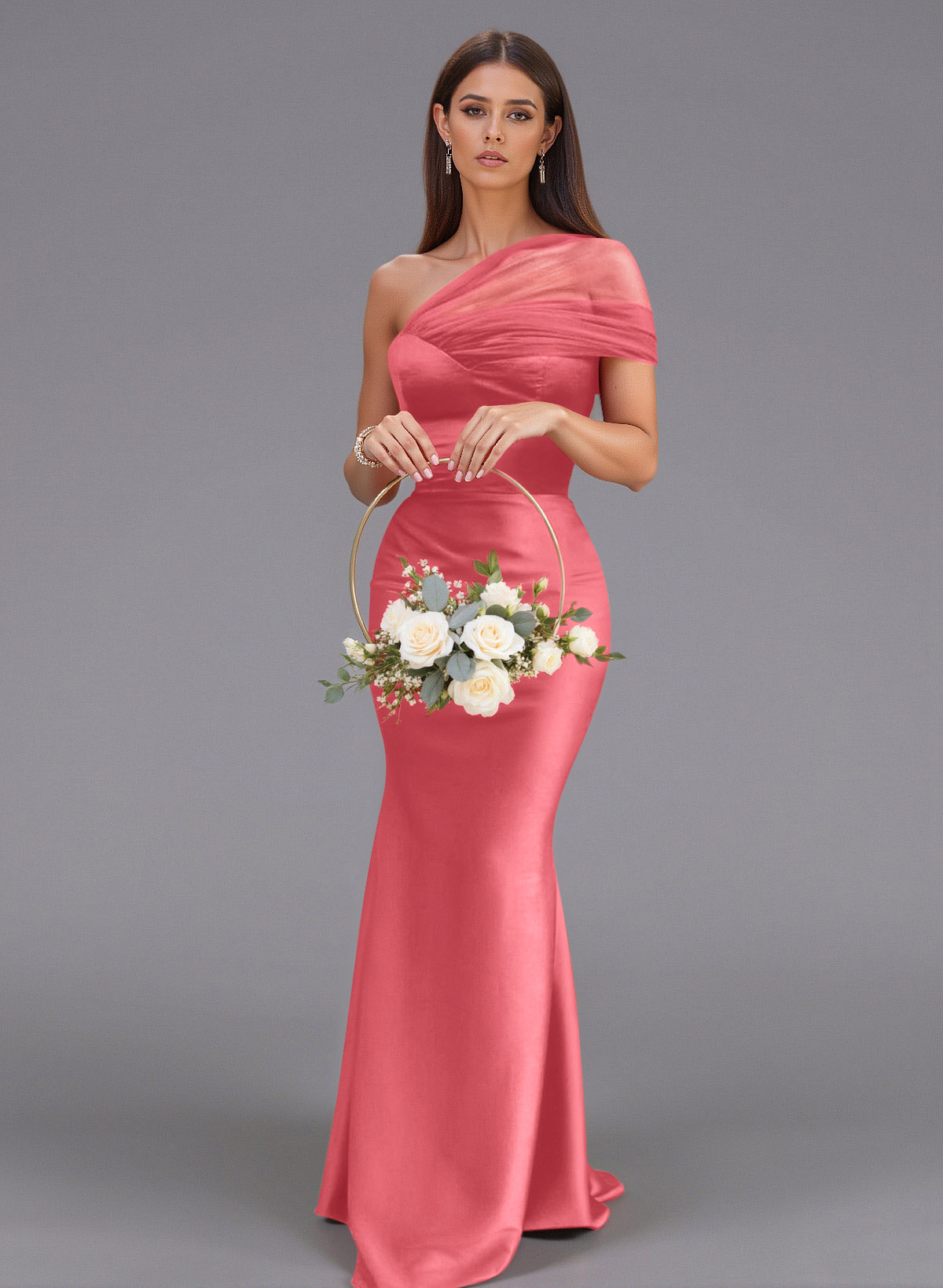 Elegant Tulle One-Shoulder Trumpet/Mermaid Floor-Length Satin Bridesmaid Dresses, product image 51