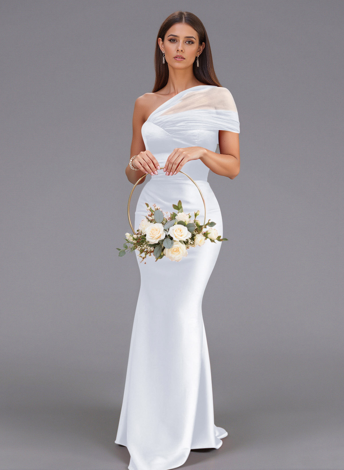 Elegant Tulle One-Shoulder Trumpet/Mermaid Floor-Length Satin Bridesmaid Dresses, product image 16