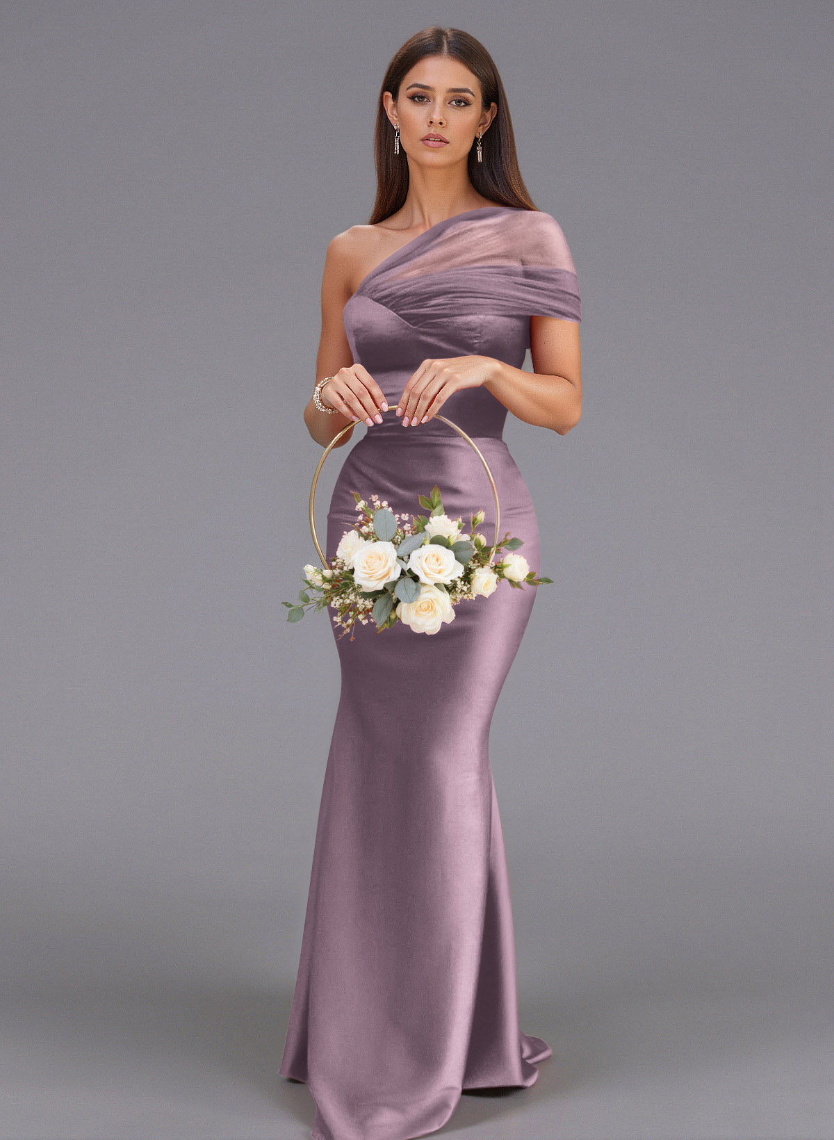Elegant Tulle One-Shoulder Trumpet/Mermaid Floor-Length Satin Bridesmaid Dresses, product image 42