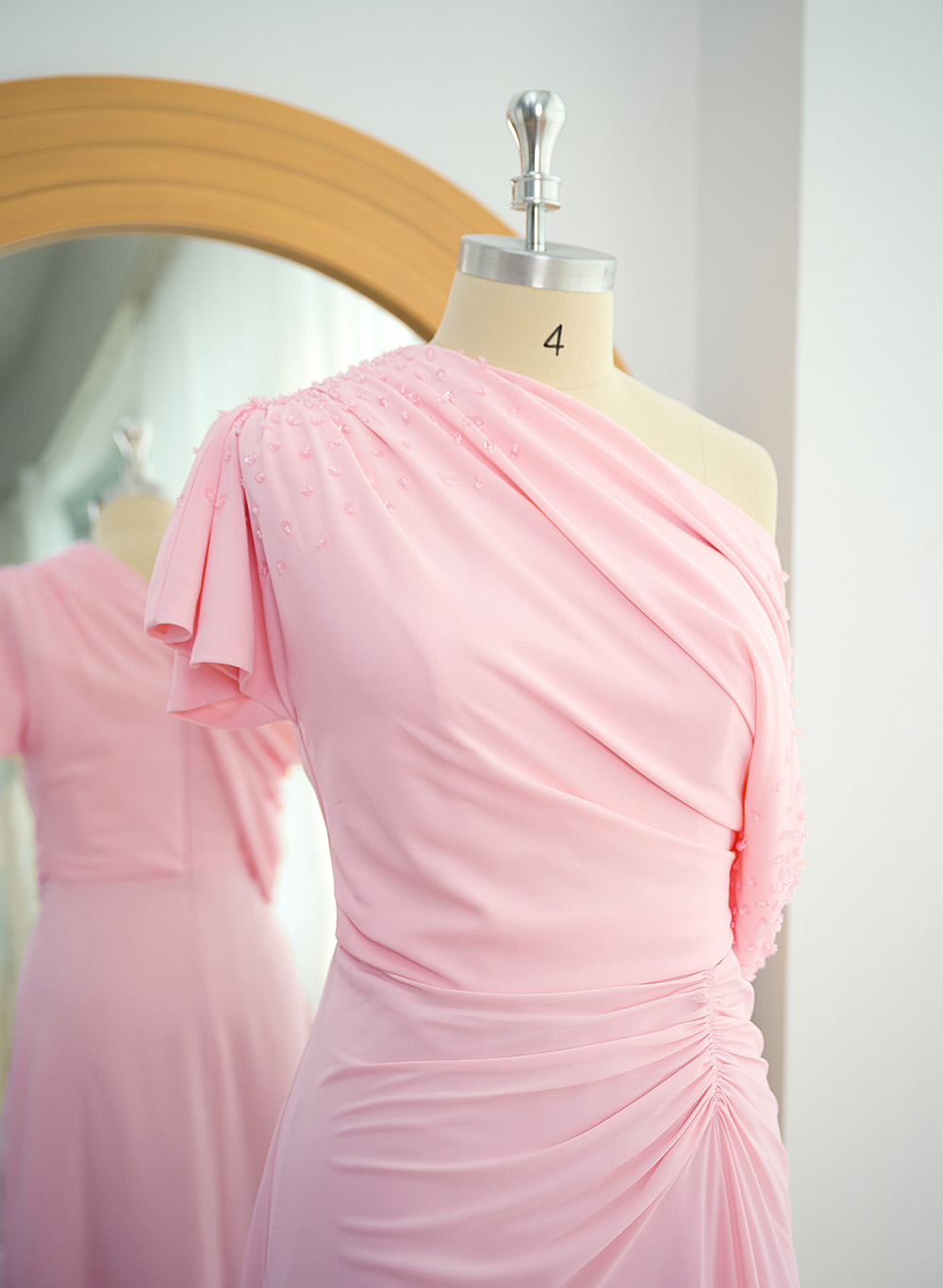 Elegant One-Shoulder Short Sleeves Tea-Length Stretch Chiffon Mother Of The Bride Dresses