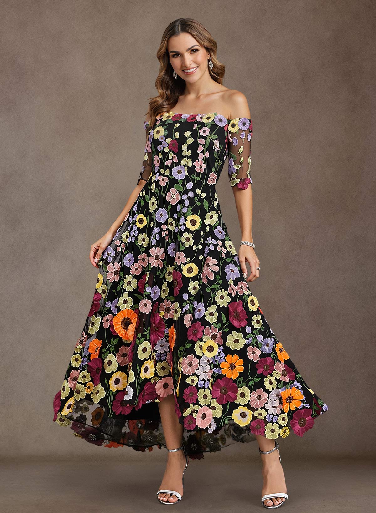 A-Line Off-The-Shoulder 1/2 Sleeves Asymmetrical Lace/Tulle Mother Of The Bride Dresses