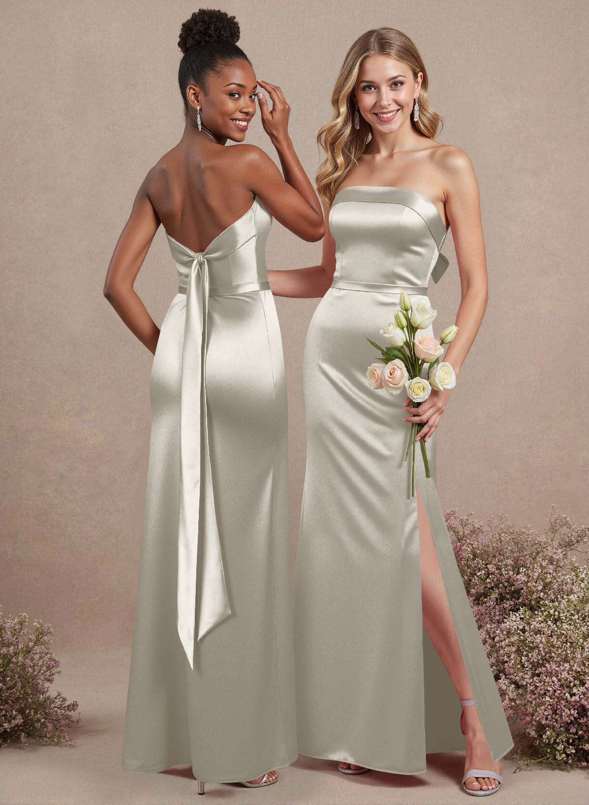 A-Line Strapless Sleeveless Floor-Length Satin Bridesmaid Dresses With Bow(s), product image 122