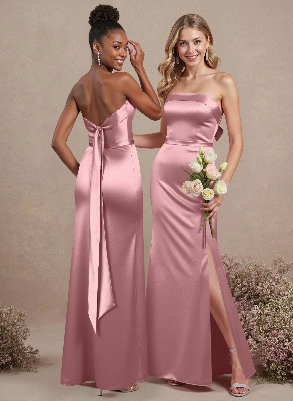 A-Line Strapless Sleeveless Floor-Length Satin Bridesmaid Dresses With Bow(s), product image 44