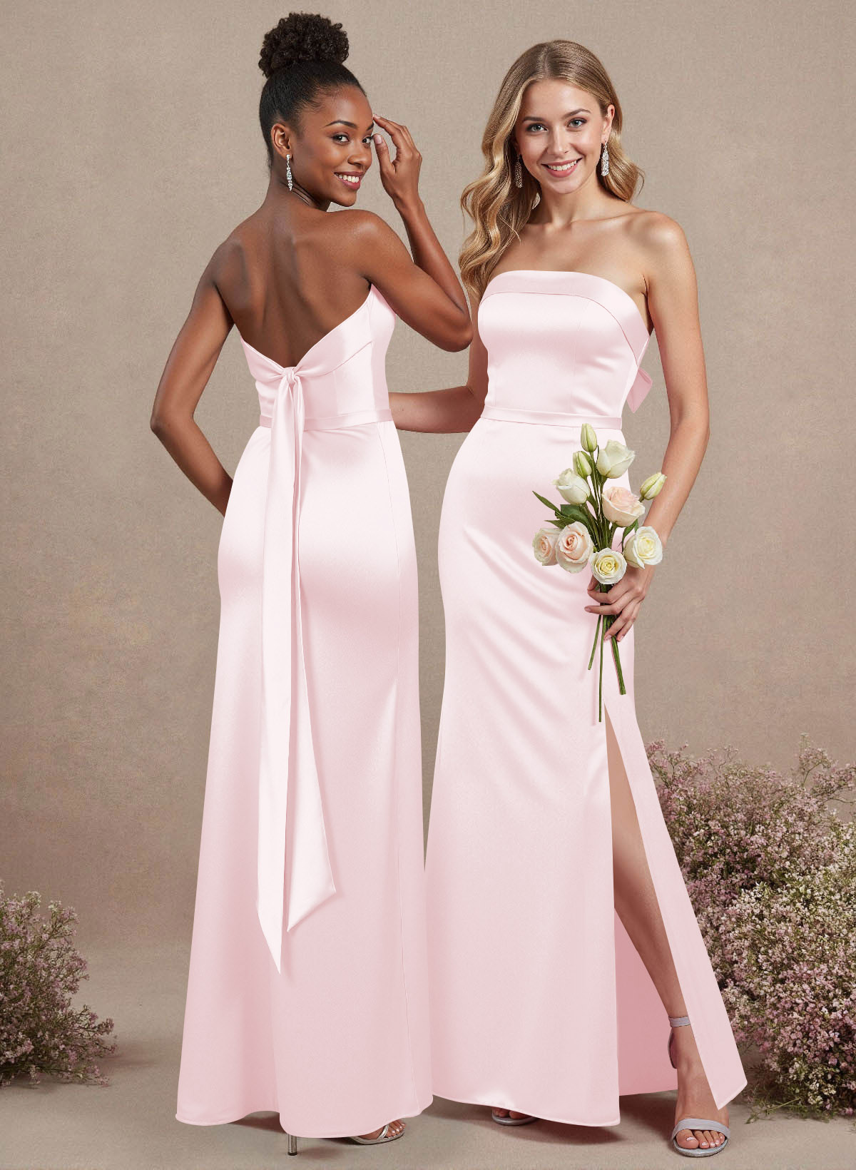 A-Line Strapless Sleeveless Floor-Length Satin Bridesmaid Dresses With Bow(s), product image 50
