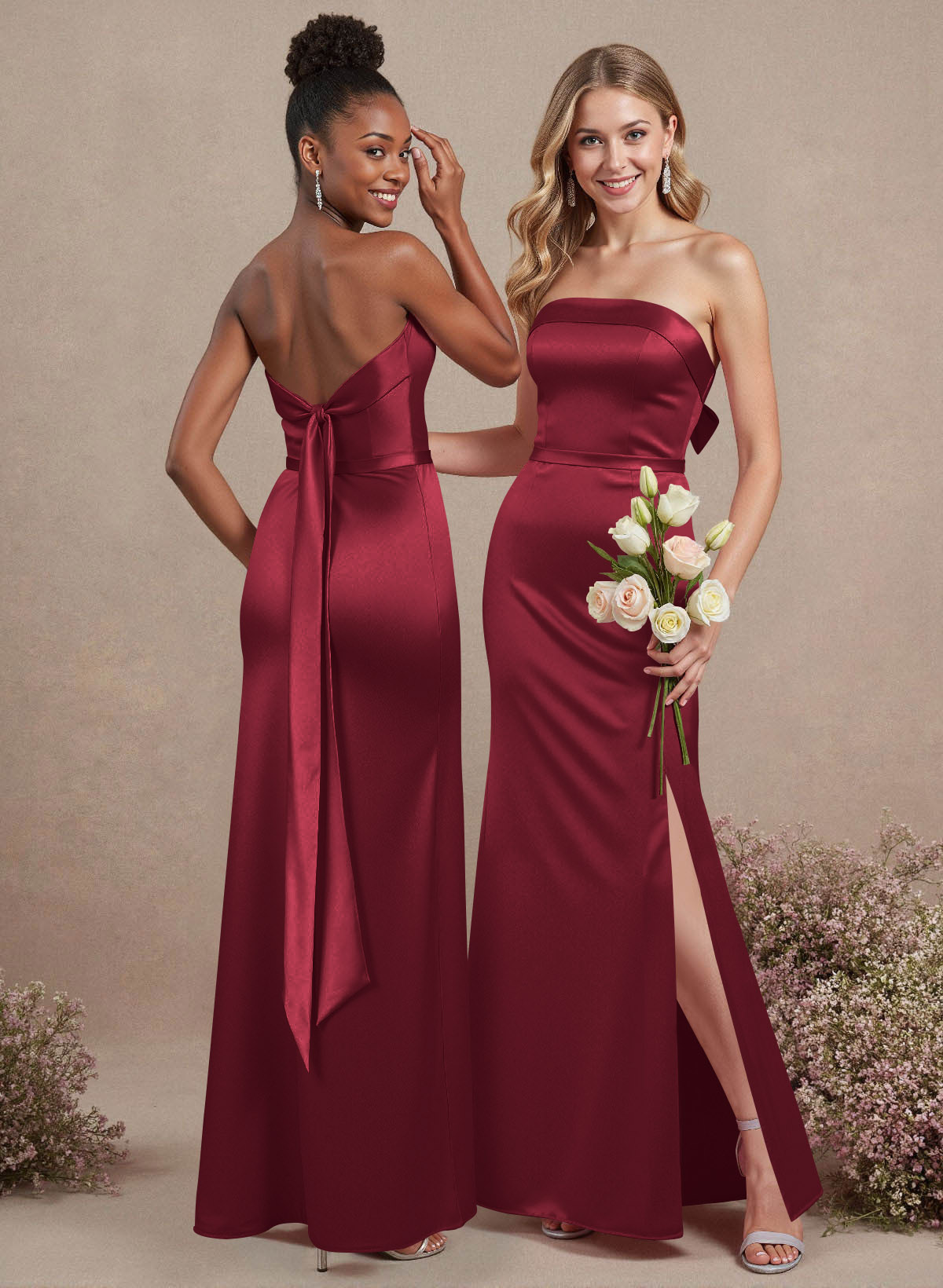 A-Line Strapless Sleeveless Floor-Length Satin Bridesmaid Dresses With Bow(s), product image 30