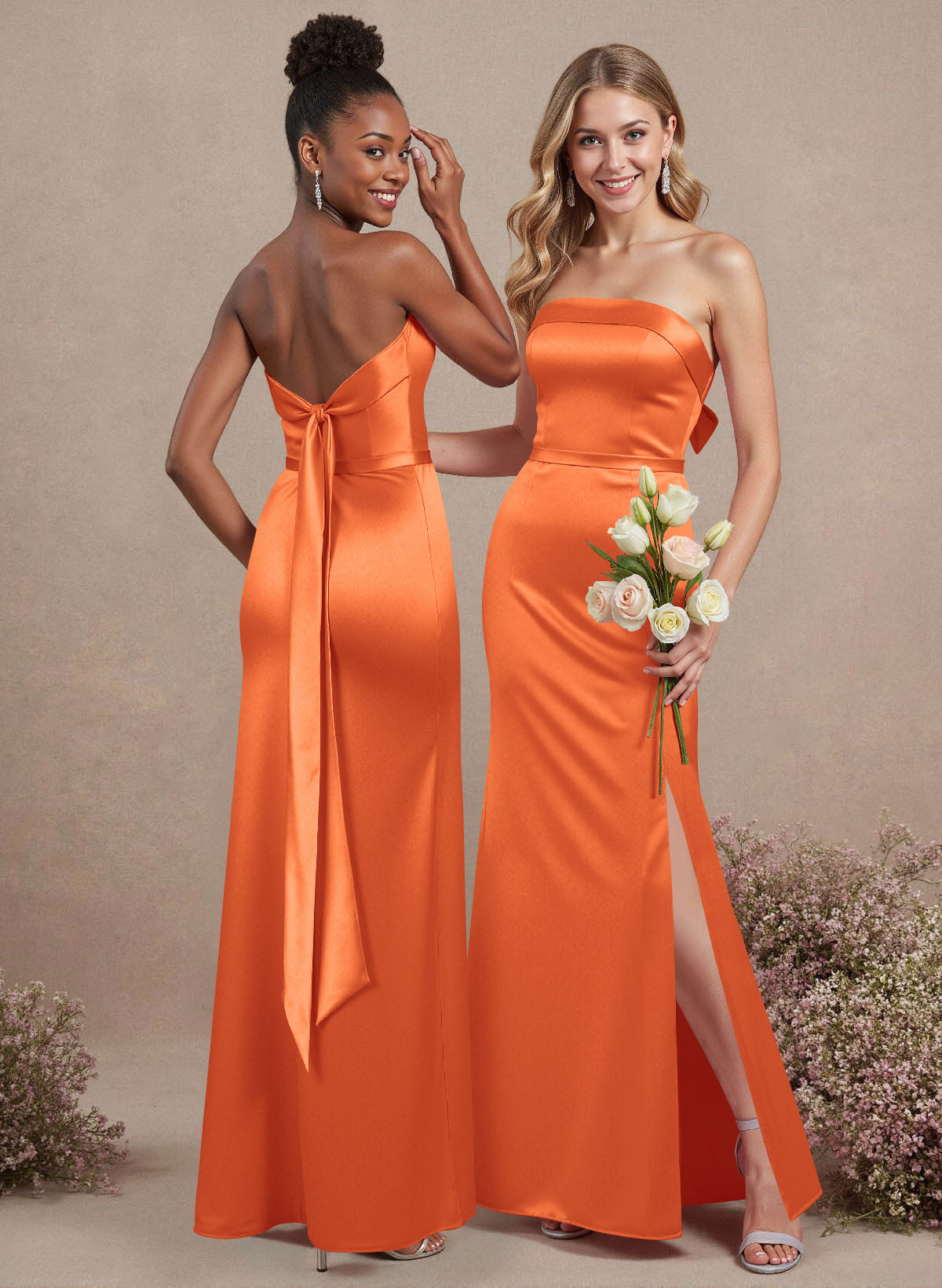 A-Line Strapless Sleeveless Floor-Length Satin Bridesmaid Dresses With Bow(s), product image 128