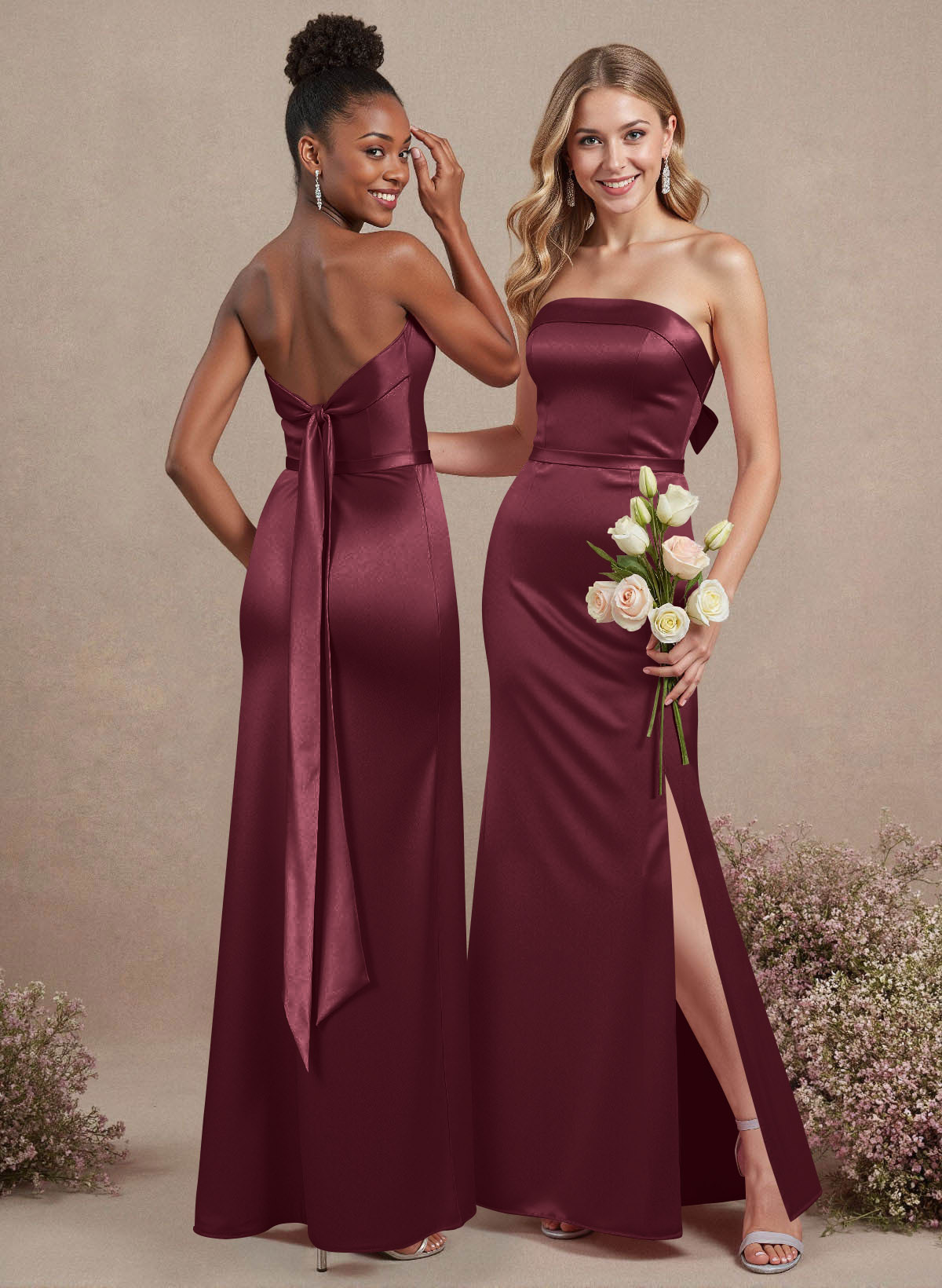 A-Line Strapless Sleeveless Floor-Length Satin Bridesmaid Dresses With Bow(s), product image 28