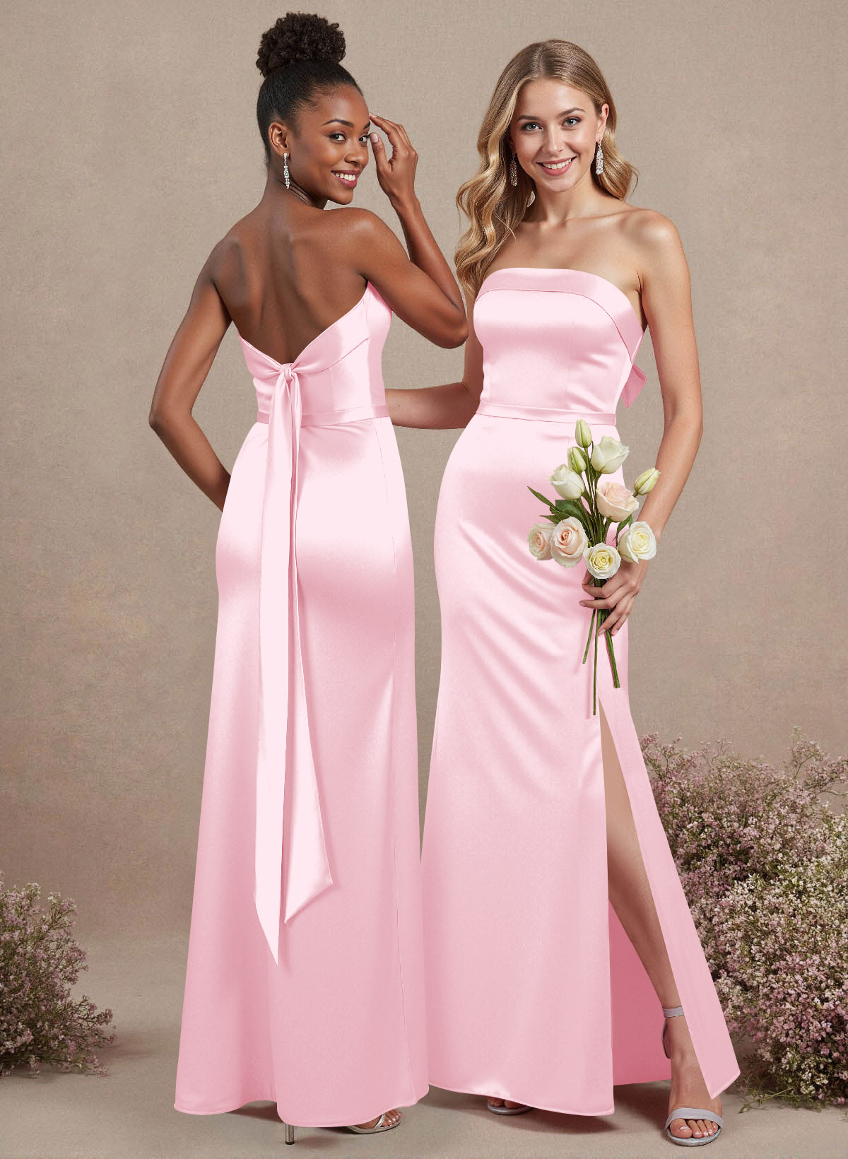 A-Line Strapless Sleeveless Floor-Length Satin Bridesmaid Dresses With Bow(s), product image 52