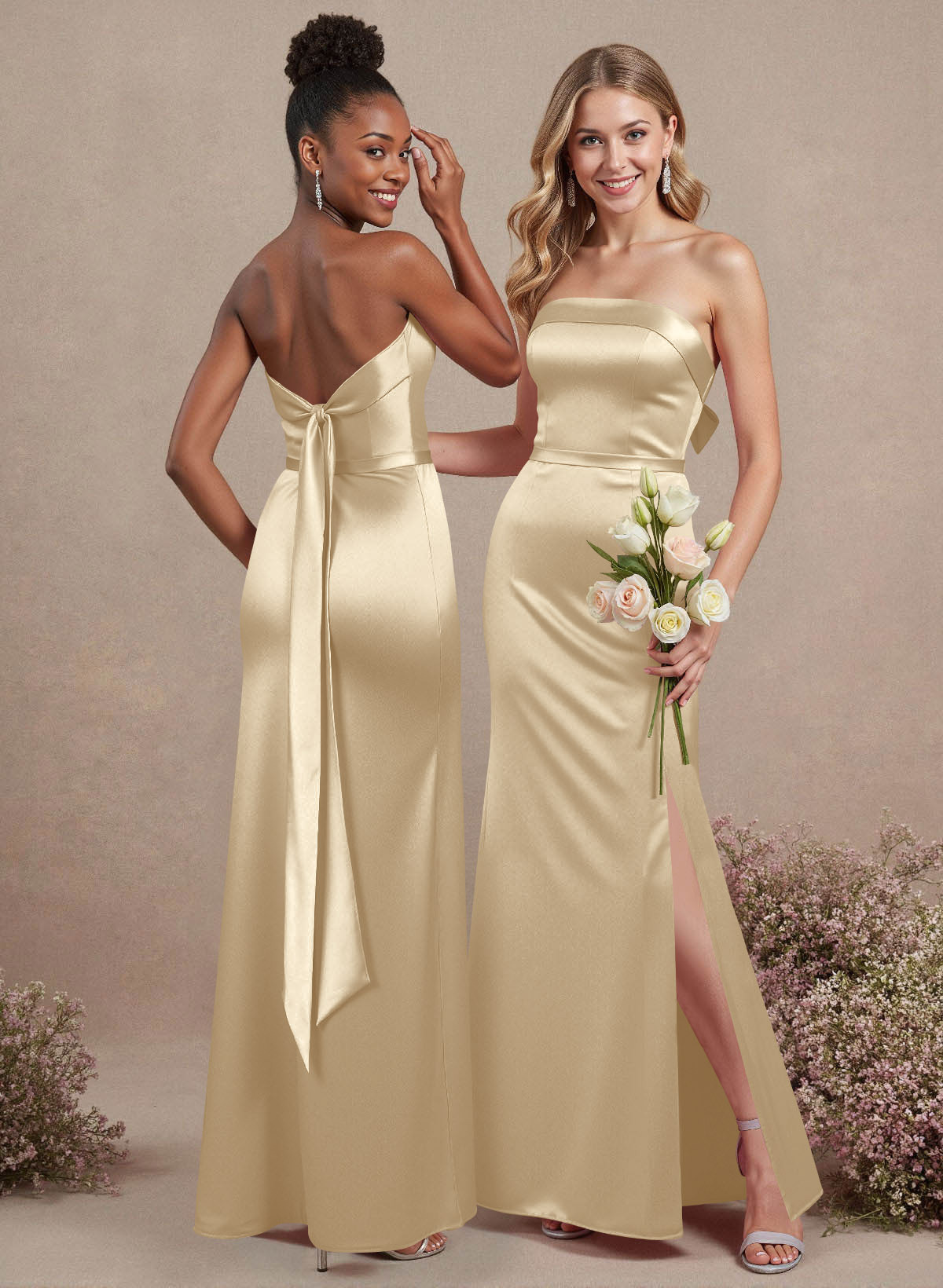 A-Line Strapless Sleeveless Floor-Length Satin Bridesmaid Dresses With Bow(s), product image 92