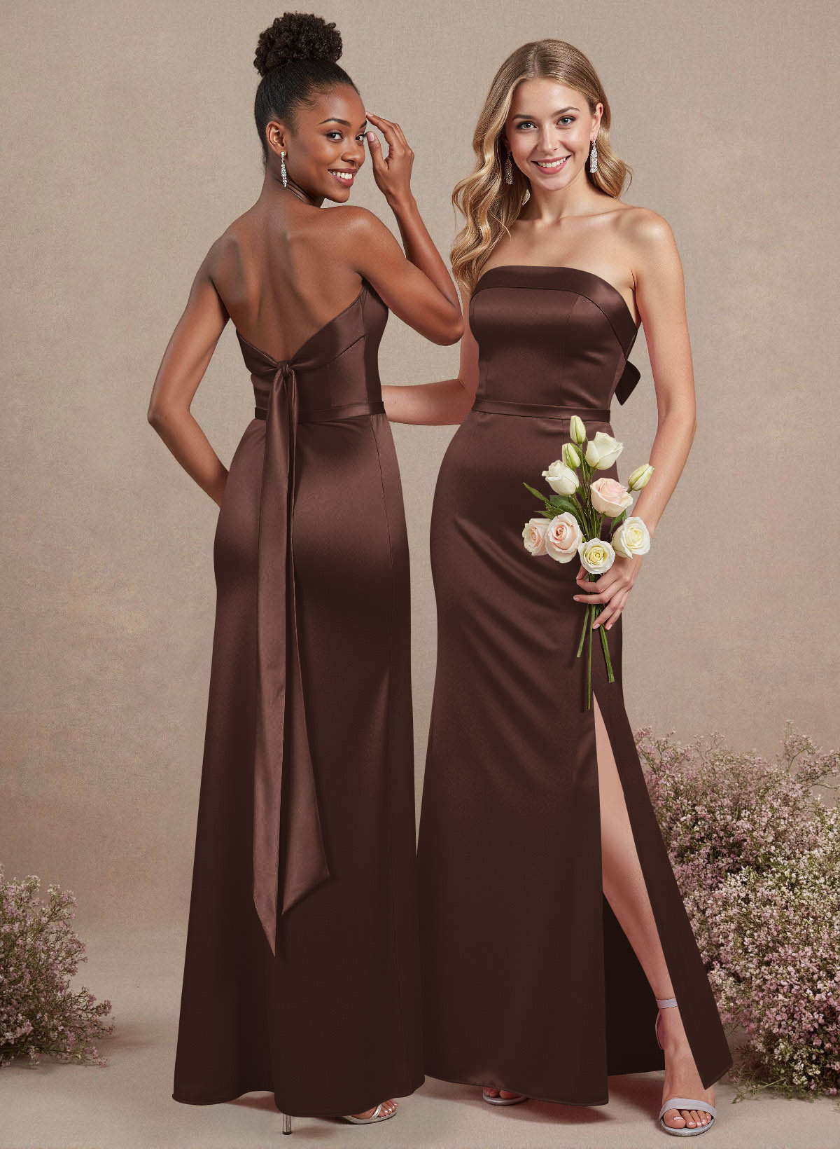 A-Line Strapless Sleeveless Floor-Length Satin Bridesmaid Dresses With Bow(s), product image 104