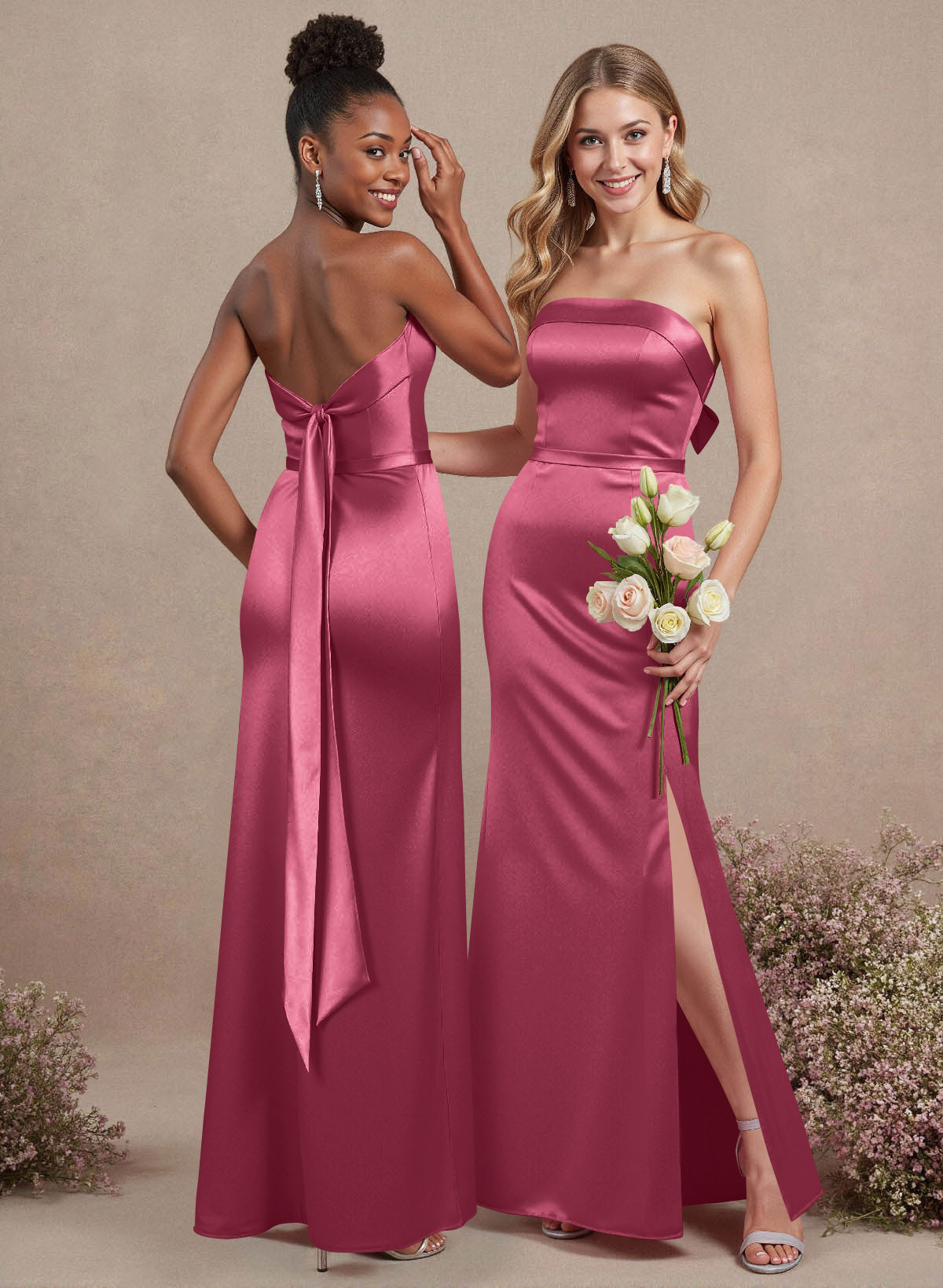 A-Line Strapless Sleeveless Floor-Length Satin Bridesmaid Dresses With Bow(s), product image 32