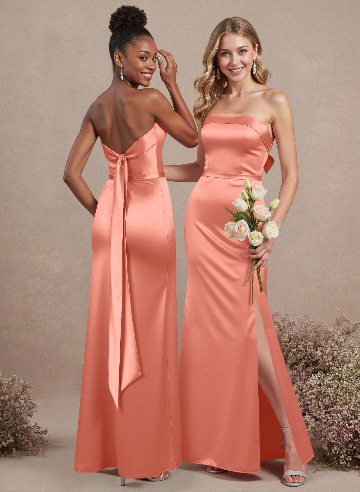 A-Line Strapless Sleeveless Floor-Length Satin Bridesmaid Dresses With Bow(s), product image 48